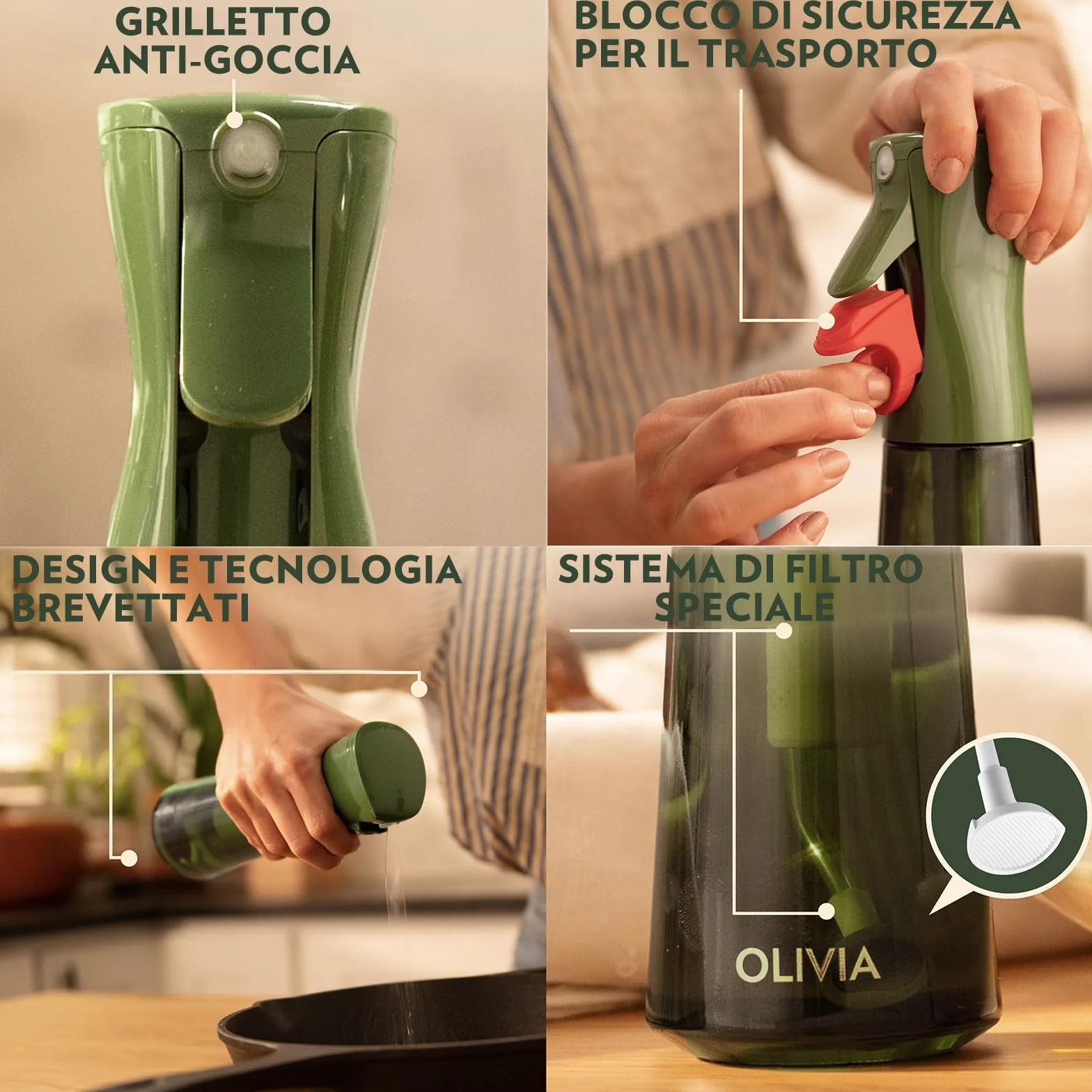 FLAIROSOL OLIVIA Spruzzatore di Olio in Vetro 200ml - Tecnologia a Spruzzo Continuo con Controllo Porzioni Verde