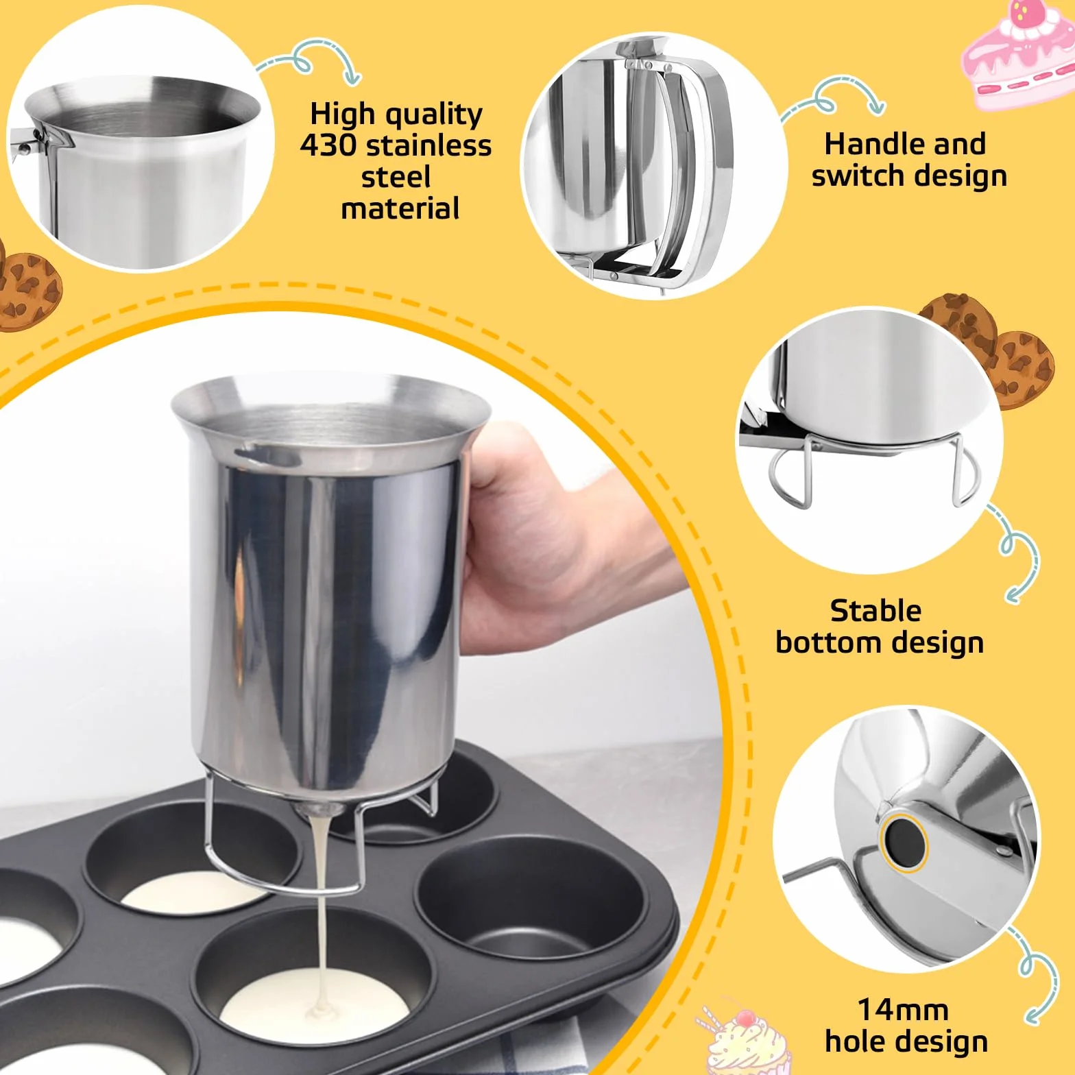Raxfekro Distributore di pasta in acciaio inox, 900 ml, con manico per schiacciare, dosatore per pasta, per pancake, muffin, biscotti e cialde, NX-mianhufenpeiqi01