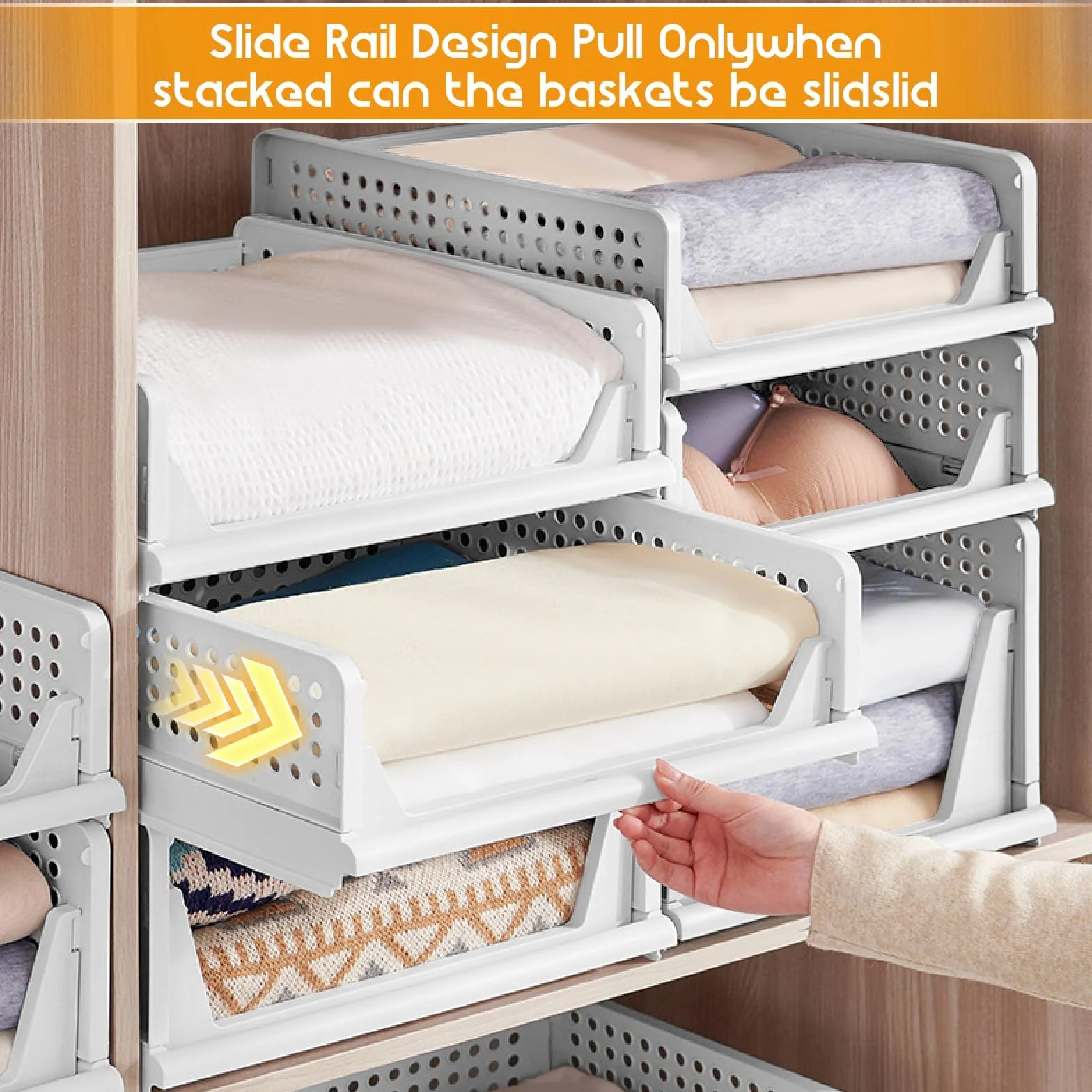 Organizzatore per Guardaroba, 4 PZ Cestini Impilabili Grandi – 43x33,5x25cm, Contenitori in Plastica per Armadio, Casa, Ufficio, Lavanderia, Vestiti, Giocattoli, Cucina