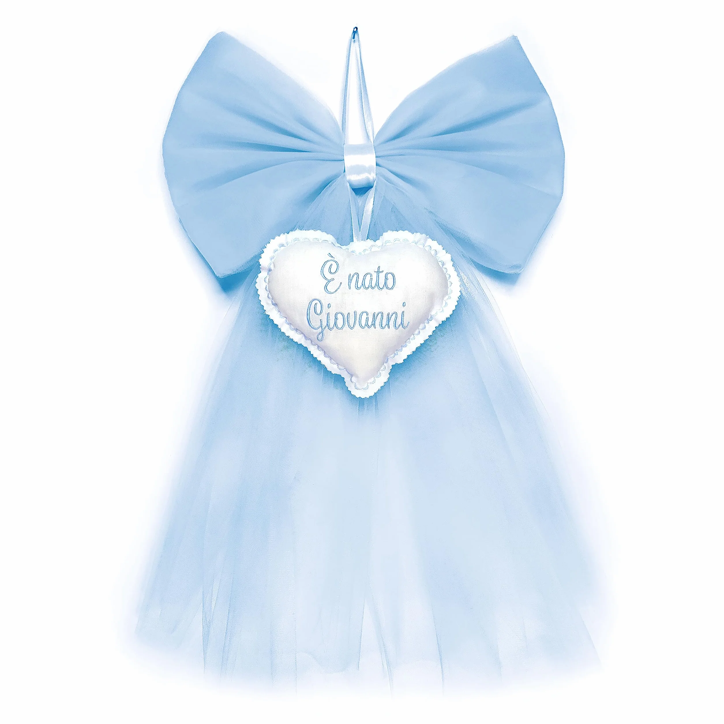 Fiocco nascita bimbo in tulle azzurro con ricamo nome personalizzato elegante coccarda fuori porta cuore