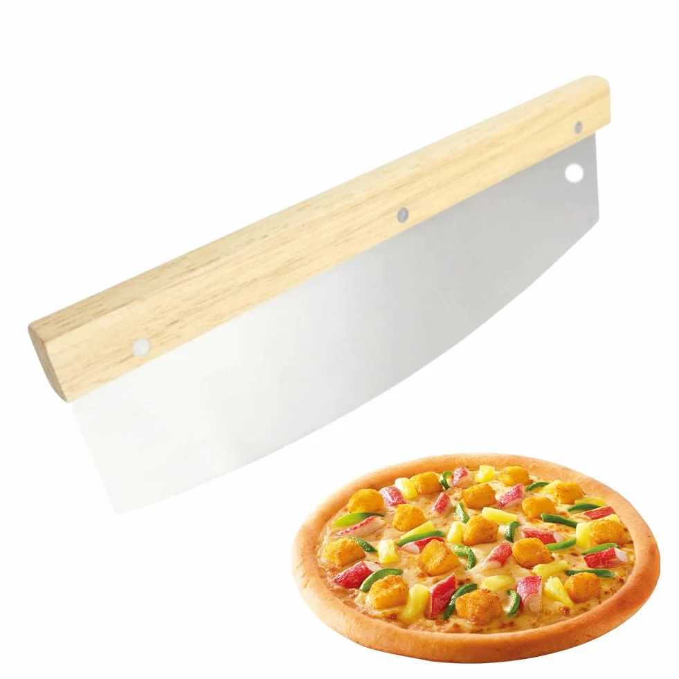 Tagliapizza,Tagliapizza in Acciaio Inox 32cm,Manico in legno massiccio,Coltello Mezzaluna per Tagliare Verdure, Erbe, Carne, Alimenti-Impugnatura Ergonomica,Taglio Preciso e Efficiente