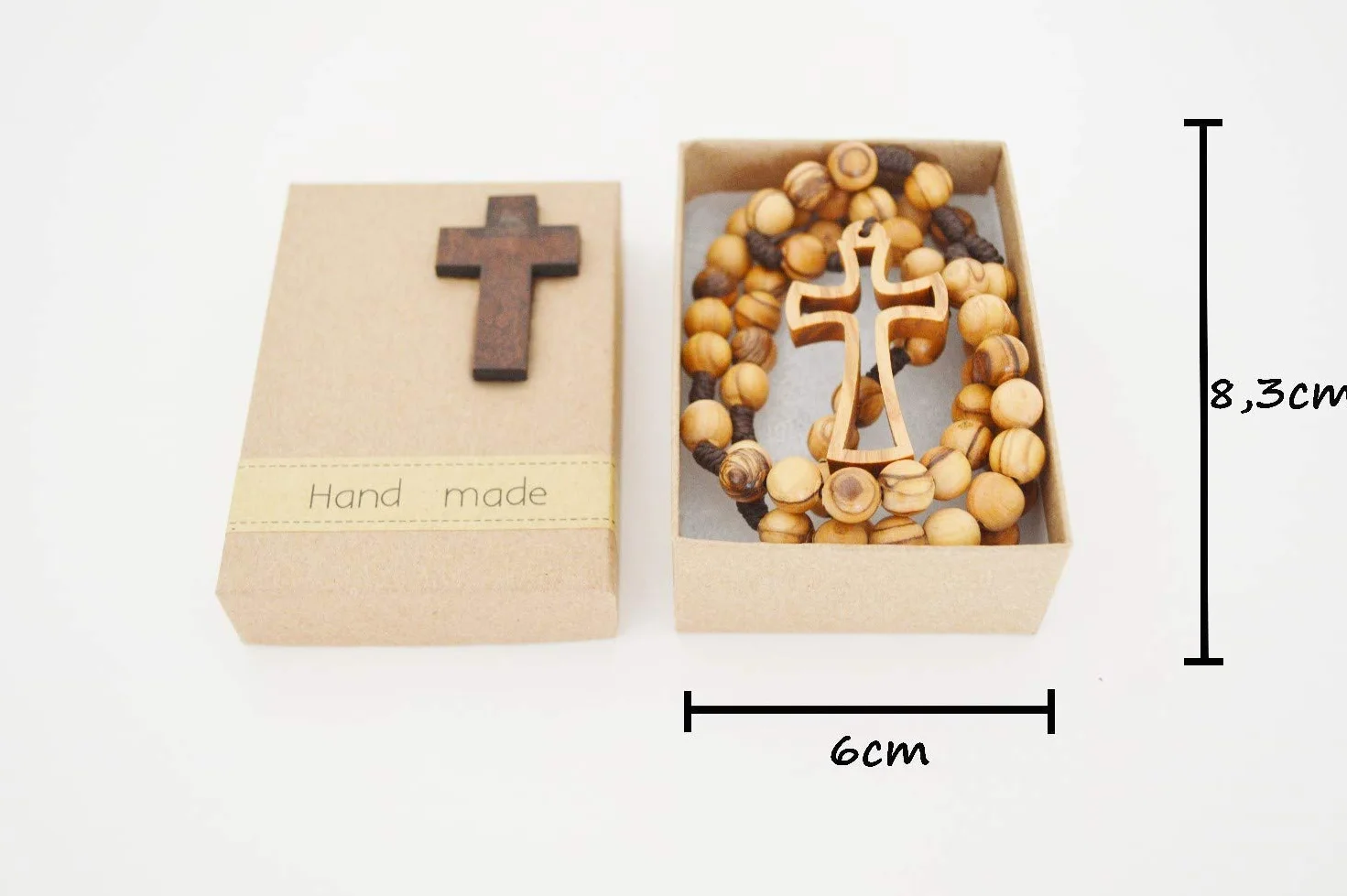 rosario in legno d'ulivo fatto a mano a Gerusalemme, rosario in scatola di carta Kraft con crocifisso, regalo battesimo, comunione, feste cristiane, nascita, compleanno, protezione auto, casa