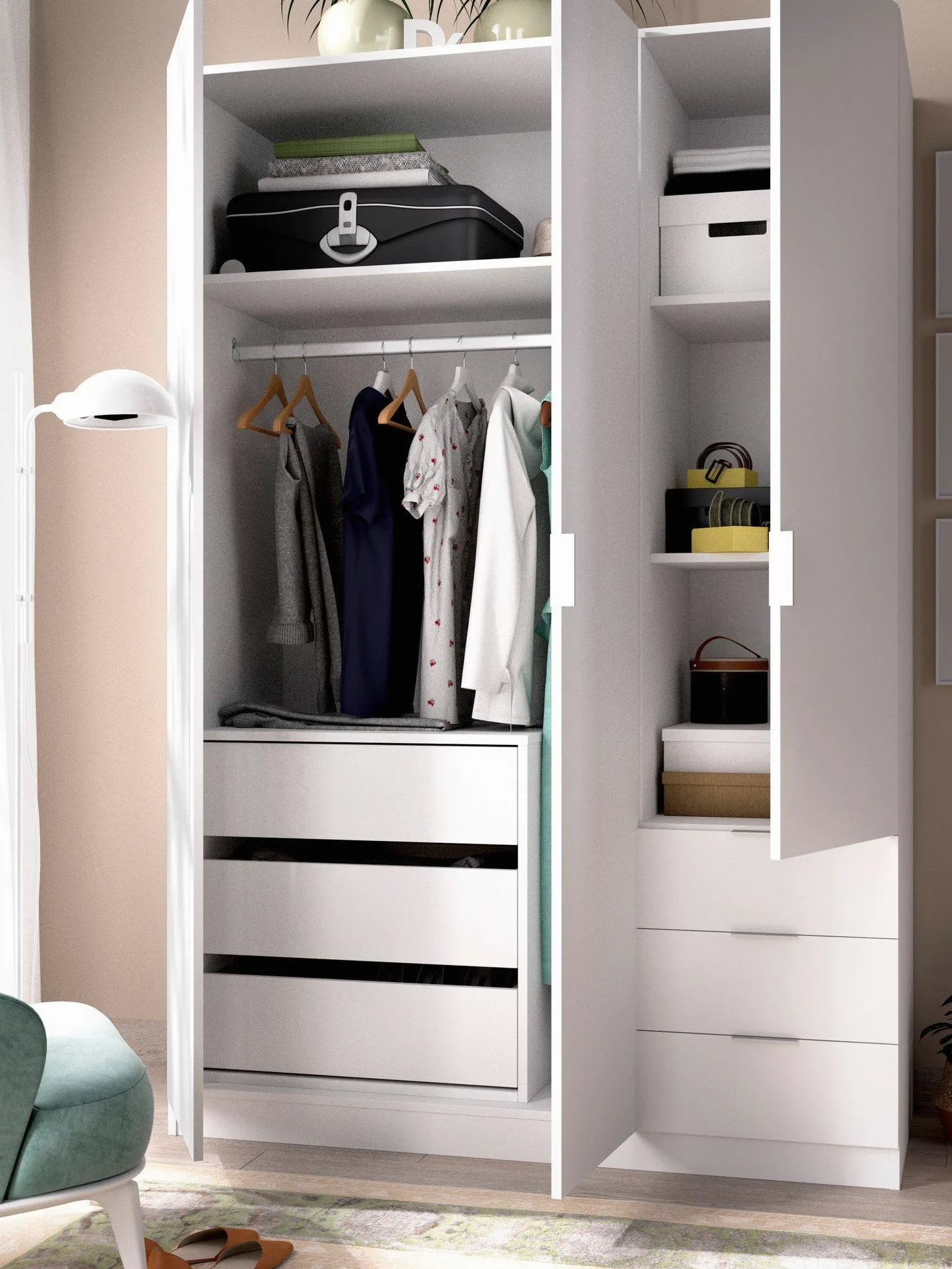 Dmora - Cassettiera Vinson, Settimanale per interno armadio, Comò per camera da letto con 3 cassetti, 60x40h60 cm, Bianco
