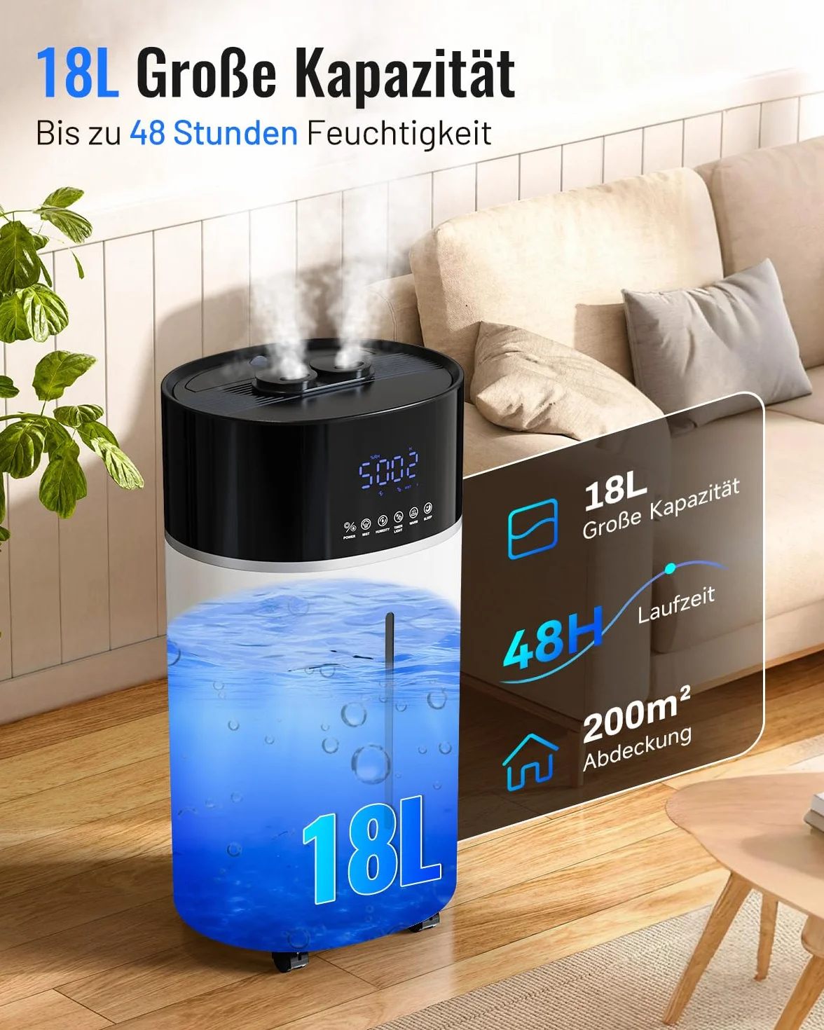 Umidificatore per stanze grandi, 18 L, tecnologia di nebbia calda e fredda, colore bianco