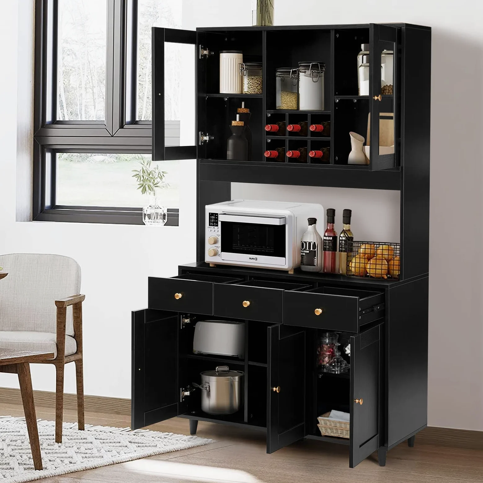 VOWNER Credenza Cucina, Mobile Buffet con 5 Armadietti, Mobile da Cucina Dispensa, Armadio Dispensa, 5 Ripiani Regolabili, per Cucina, Soggiorno, 100L x 38W x 181H cm, Nero