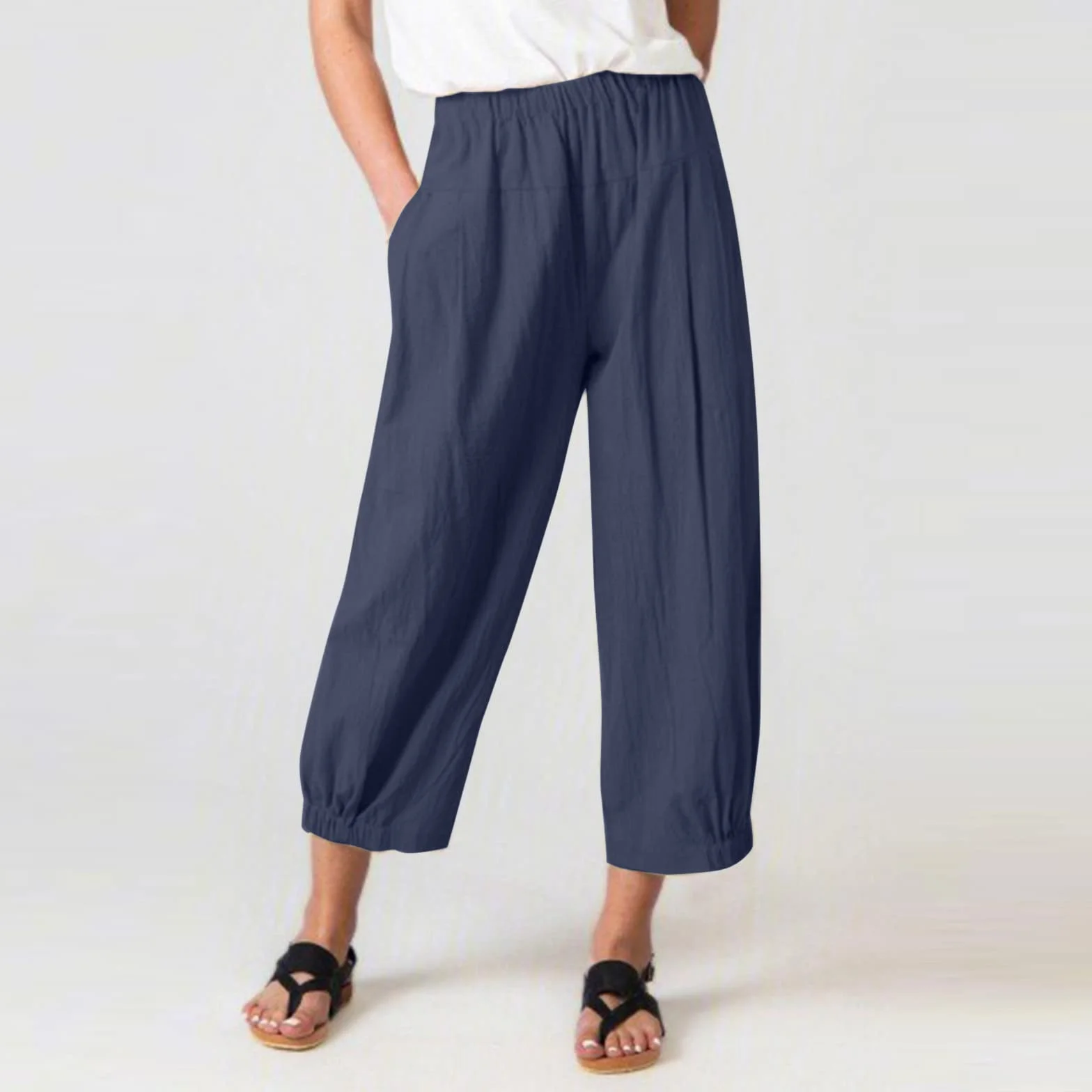 Pantaloni Pinocchietto Donna Estivi Pantaloni Lunghi Elastici in Lino di Cotone Tinta Unita Moda Donna Pantaloni da Spiaggia per Il Tempo Libero Pantaloni Corti Pantaloni 2024