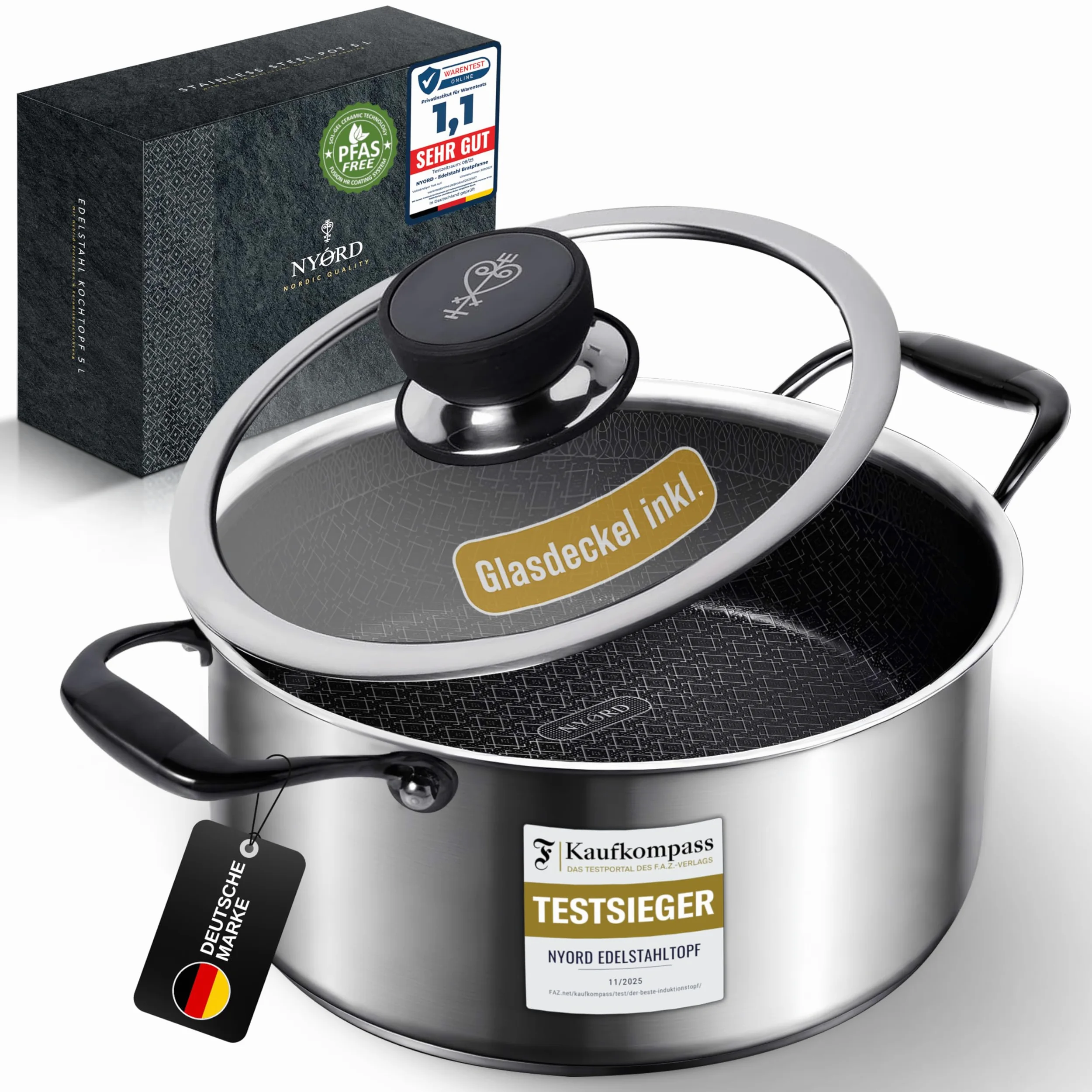 NYORD Pentola con protezione ibrida e rivestimento in ceramica, adatta per fornelli a gas e a induzione (acciaio inox, 20 cm)