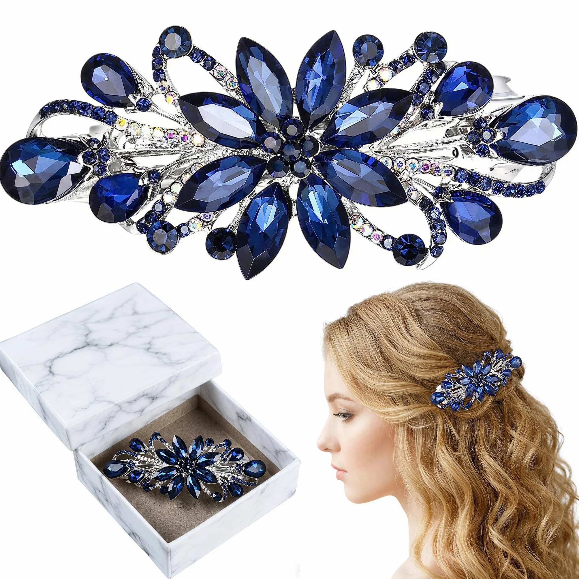 Fermagli per capelli a forma di fiore vintage con strass blu