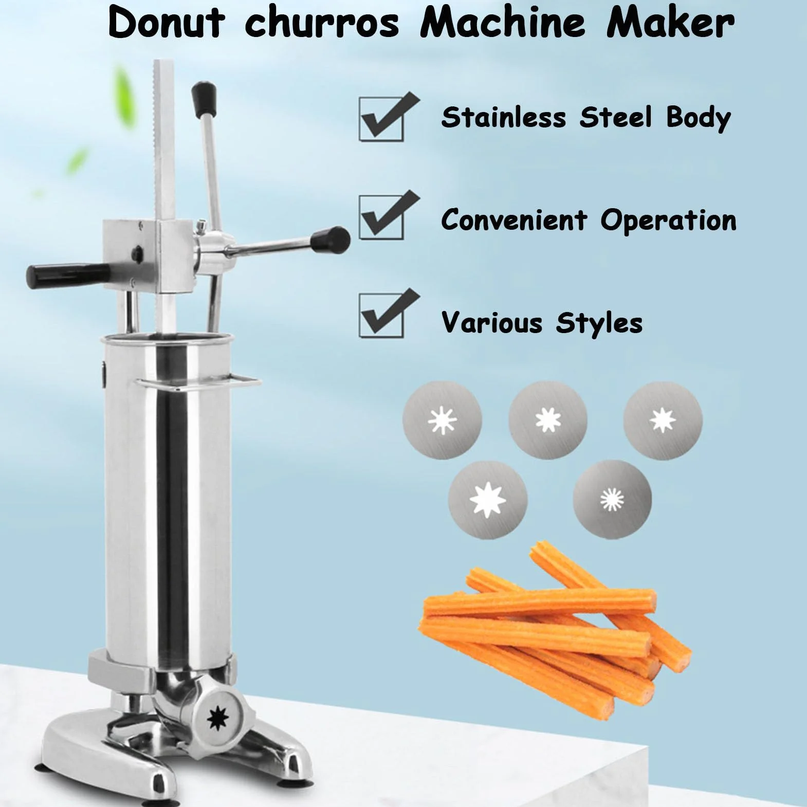 Macchina per Churrera Manuale, Macchina per Churrera Churrera Manuale per Ciambelle Spagnole Commerciali da 2L 3L con 5 Tipi di Stampi, Macchina per Churrera Spagnola Verticale in Acciaio,2L