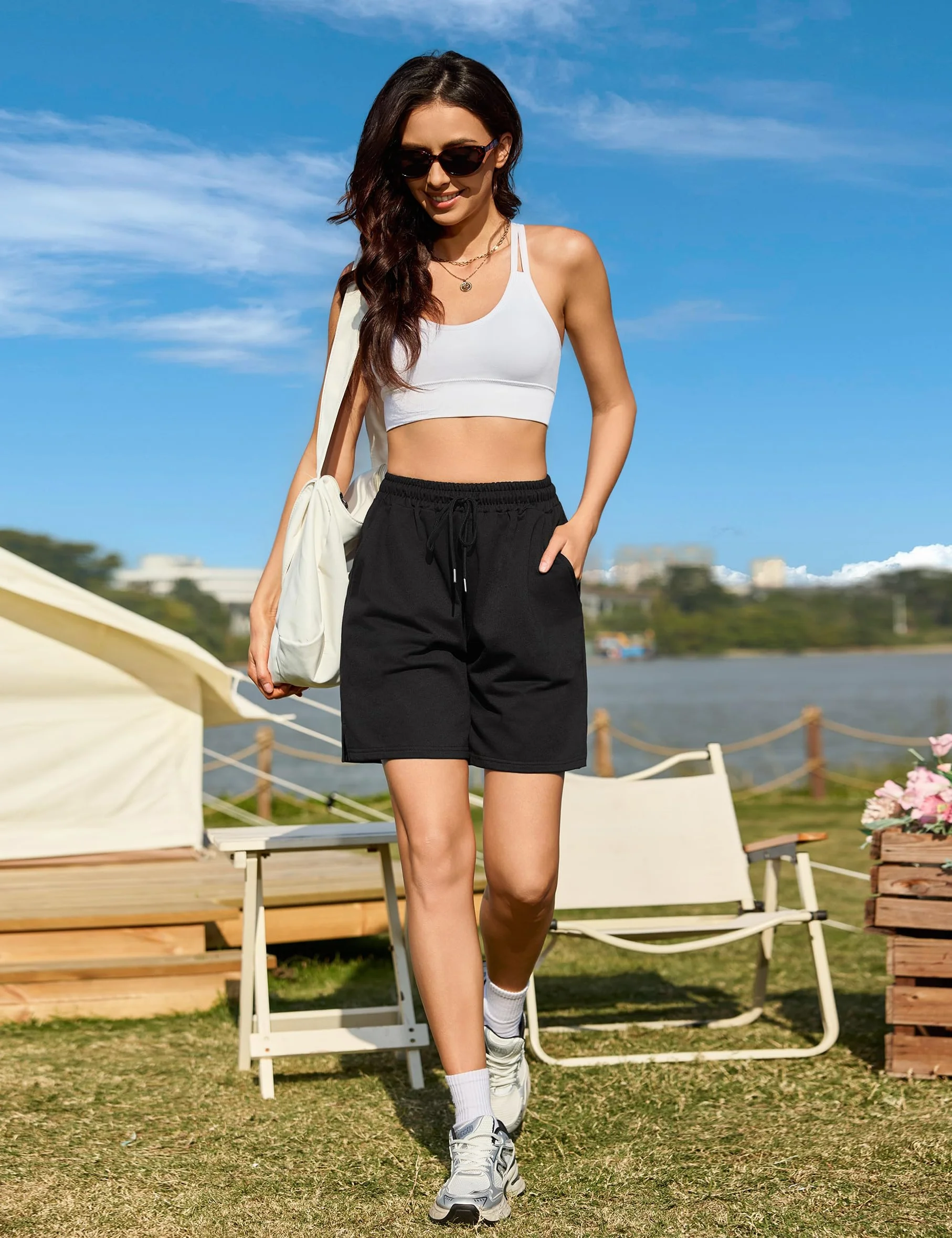 Pantaloncini Estivi Donna Cotone Shorts con Tasche Coulisse Larghi Jogging
