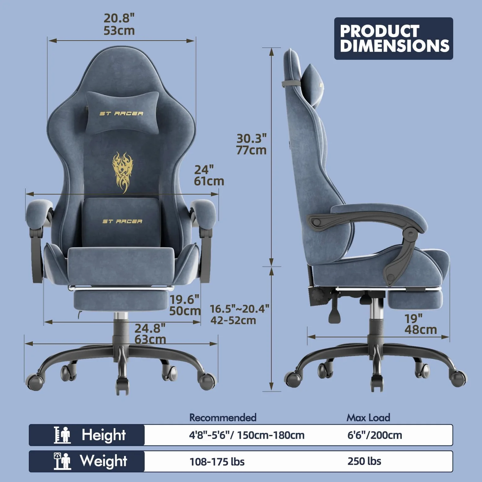 Sedia da Gaming, Sedia da Ufficio Girevole con Supporto Lombare e Testa Regolabile, Braccioli e Poggiapiedi, Rivestimento in Tessuto Traspirante per PC Racing (Grigio)