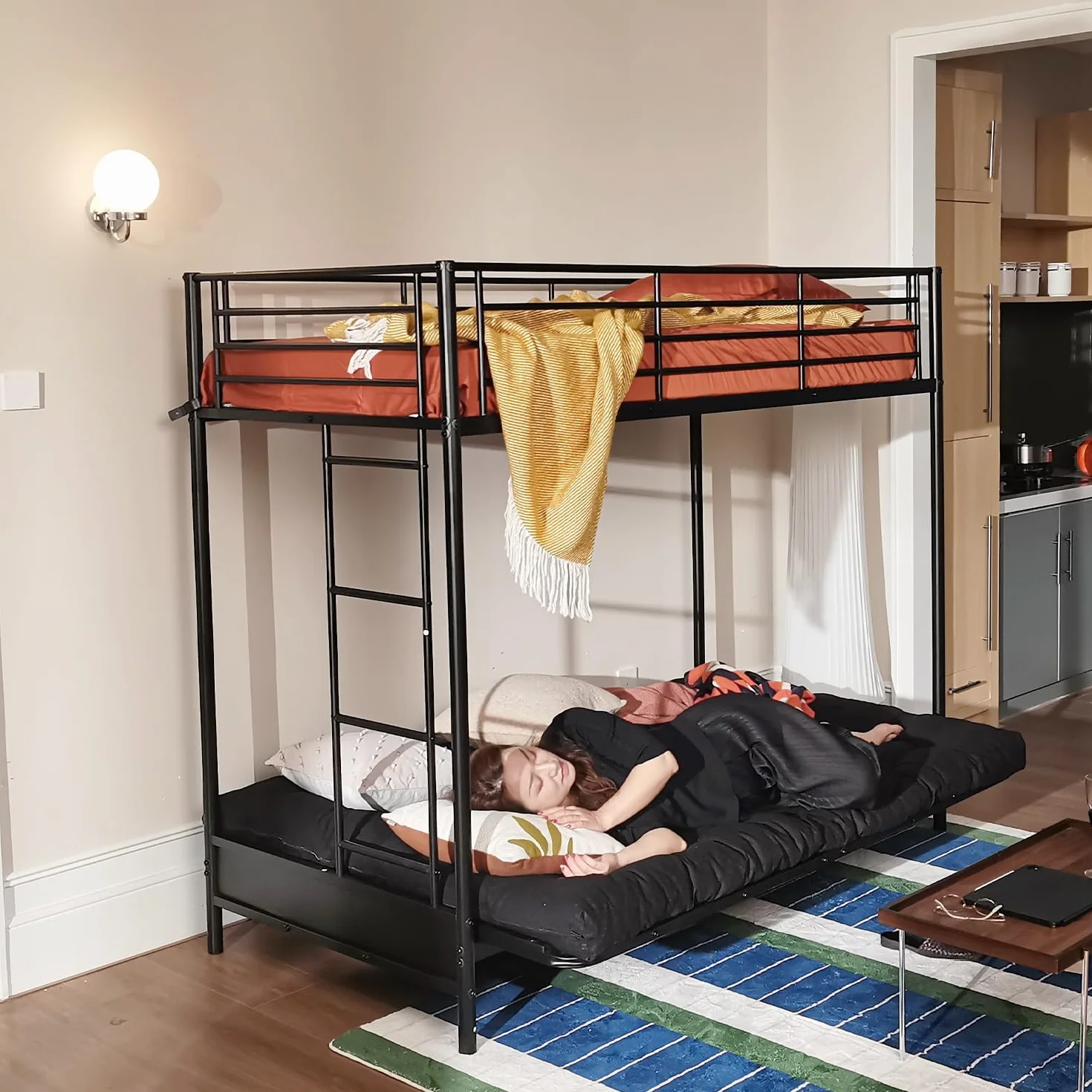 MEUBLE COSY Letto a Castello 90x190 cm con Divano Trasformabile e Rete a Doghe in Metallo, Stile Industriale, Letti per Camerette, Bambini, Adulti, Casa, Nero