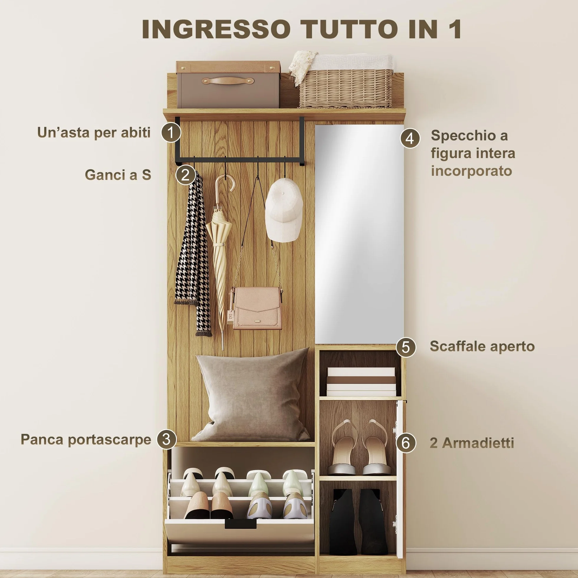 HOMCOM Appendiabiti da Ingresso con Specchio, 4 Ganci, Panca e Scarpiera, Mobile Appendiabiti con Armadietto e Ripiano Aperto, Gambe in Legno, per Ingresso Corridoio, Rovere e Bianco