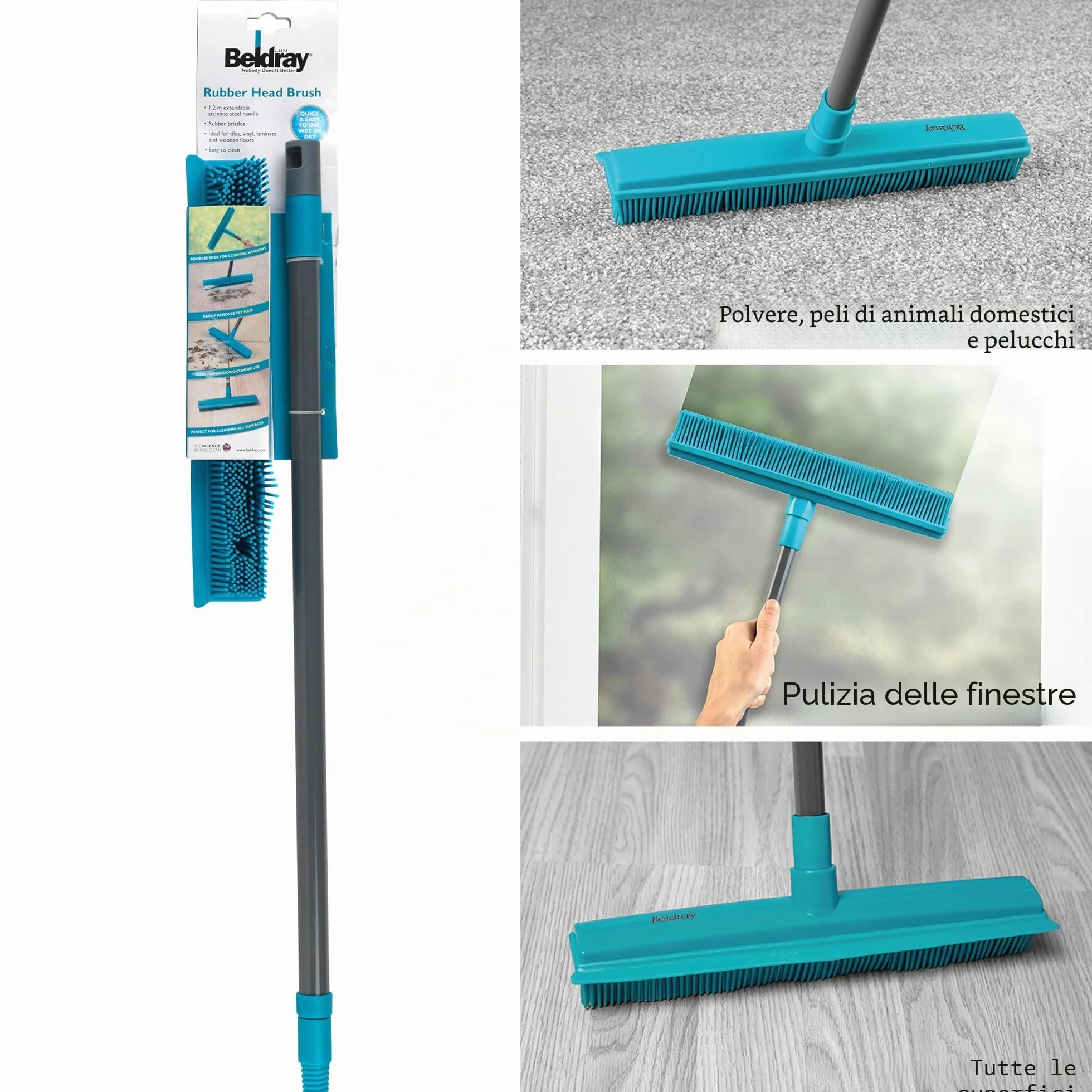 Beldray Pet Plus+ Spazzola 2 in 1 Lift & Trap Testa in gomma antigraffio per peli animali pavimenti duri finestre