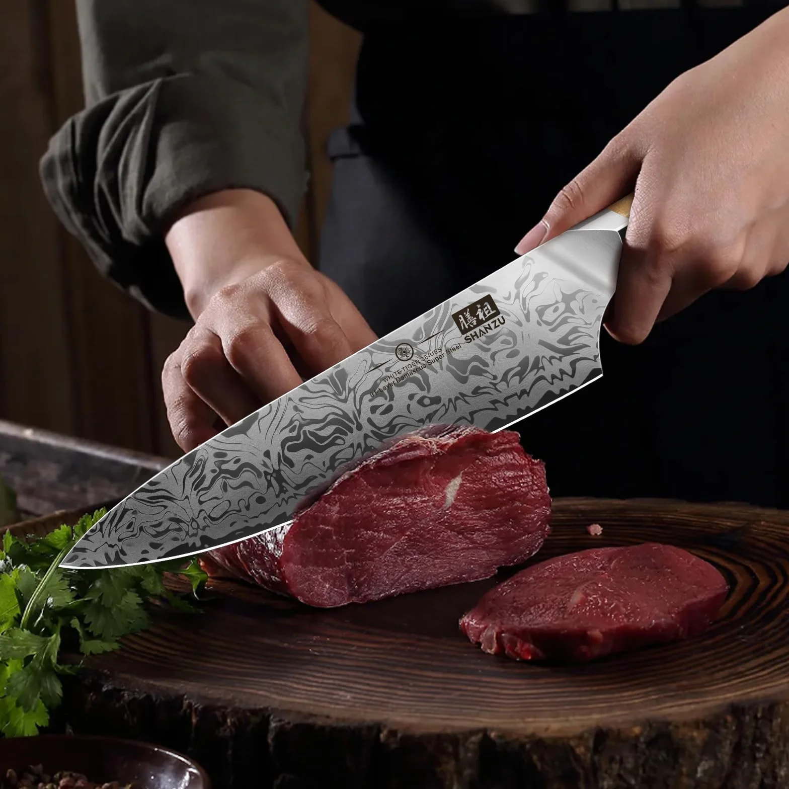 Coltelli da Cucina SHAN ZU Damasco 91 Strati, Coltello da Chef Giapponese in Acciaio SG2 20 cm, Forgiato a Mano con Manico in Acero