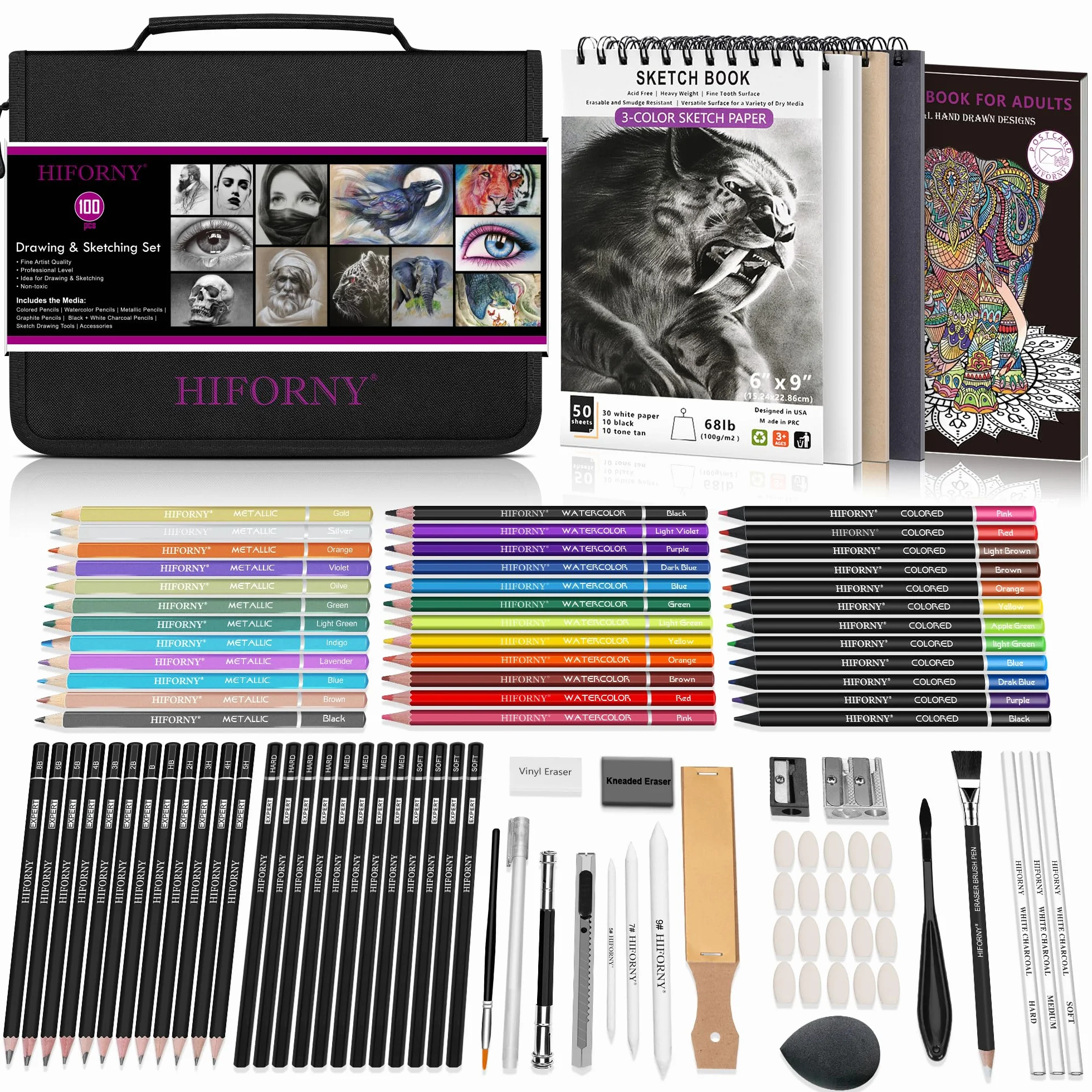 HIFORNY Set da 100 pezzi per disegno e schizzi, forniture artistiche professionali con grafite, carbone, colorate, acquerelli, matite metalliche, strumenti di miscelazione, album da disegno e libro da