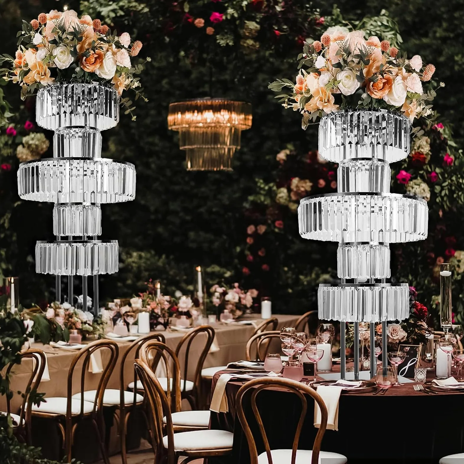 5 livelli di cristallo per matrimonio, colonna di fiori, altezza 110 cm, supporto decorativo in metallo, per matrimonio, fidanzamento, compleanno, decorazione da tavolo, argento