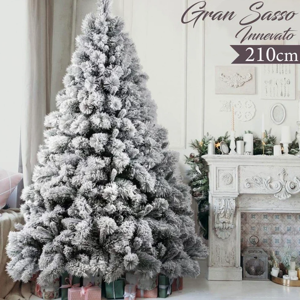 BAKAJI Albero di Natale Super Folto Pino Bianco Innevato con Base a Croce in Metallo Pieghevole di Altissima Qualità, 1417 Rami Punte Montaggio Facile con Rami a Innesto (Bianco Gran Sasso, 210 cm)