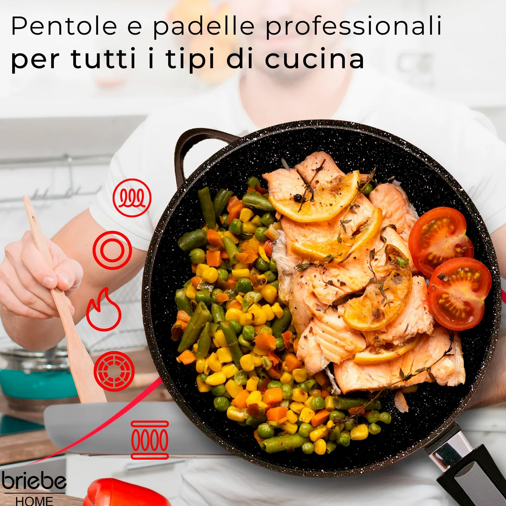 briebe Batteria da Cucina Induzione 12 Pezzi, set di 4 Pentole in Alluminio Fuso + 2 Padelle, Antiaderente ILAG GRANITEC senza PFOA, Coperchi in Vetro, Guanti in Silicone, Vetroceramica, Gas, Forno