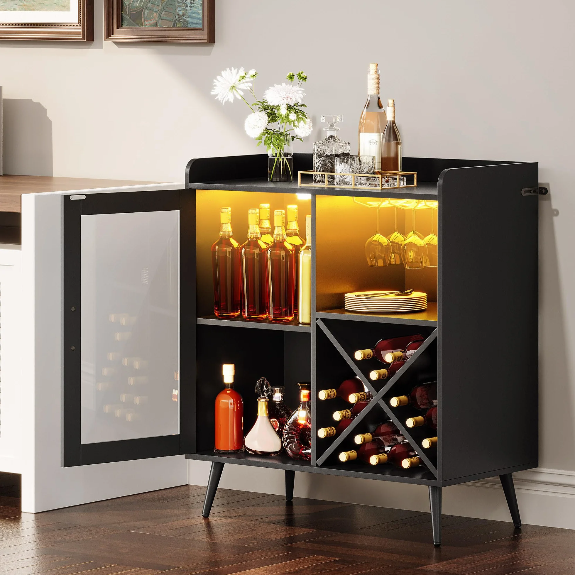 YITAHOME Piccolo mobile da bar con luci a LED, porta in acrilico e portabottiglie per vino, caffetteria con portabicchieri, credenza per casa, bar, sala da pranzo, soggiorno o cucina, nero