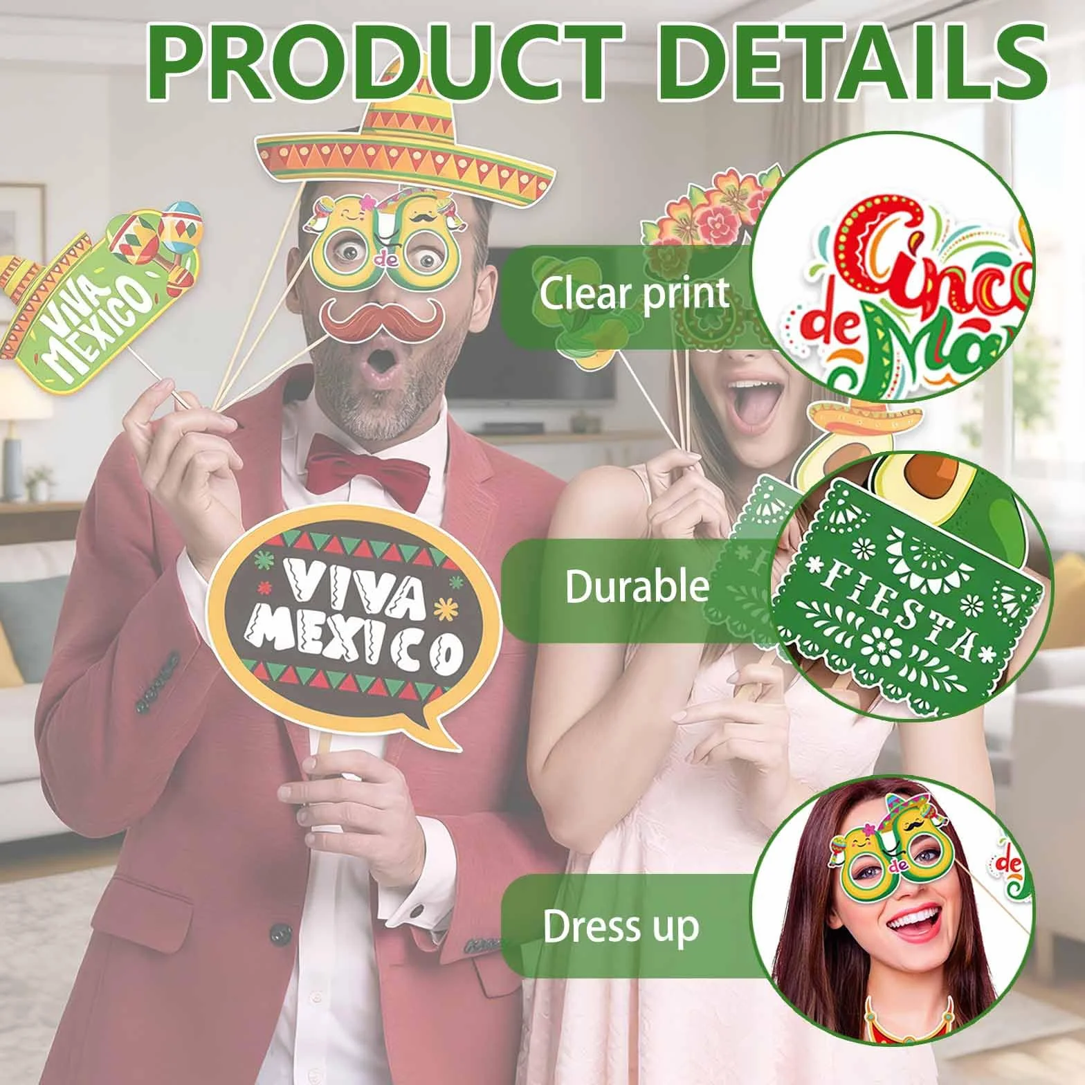 Set Decorazioni per Festa Messicana - 30 Pezzi di Accessori Fotografici Divertenti, Sombrero, Peperoncini, Labbra, Cactus, Occhiali e Molto Altro - Perfetto per Party a Tema Messicano e Carn