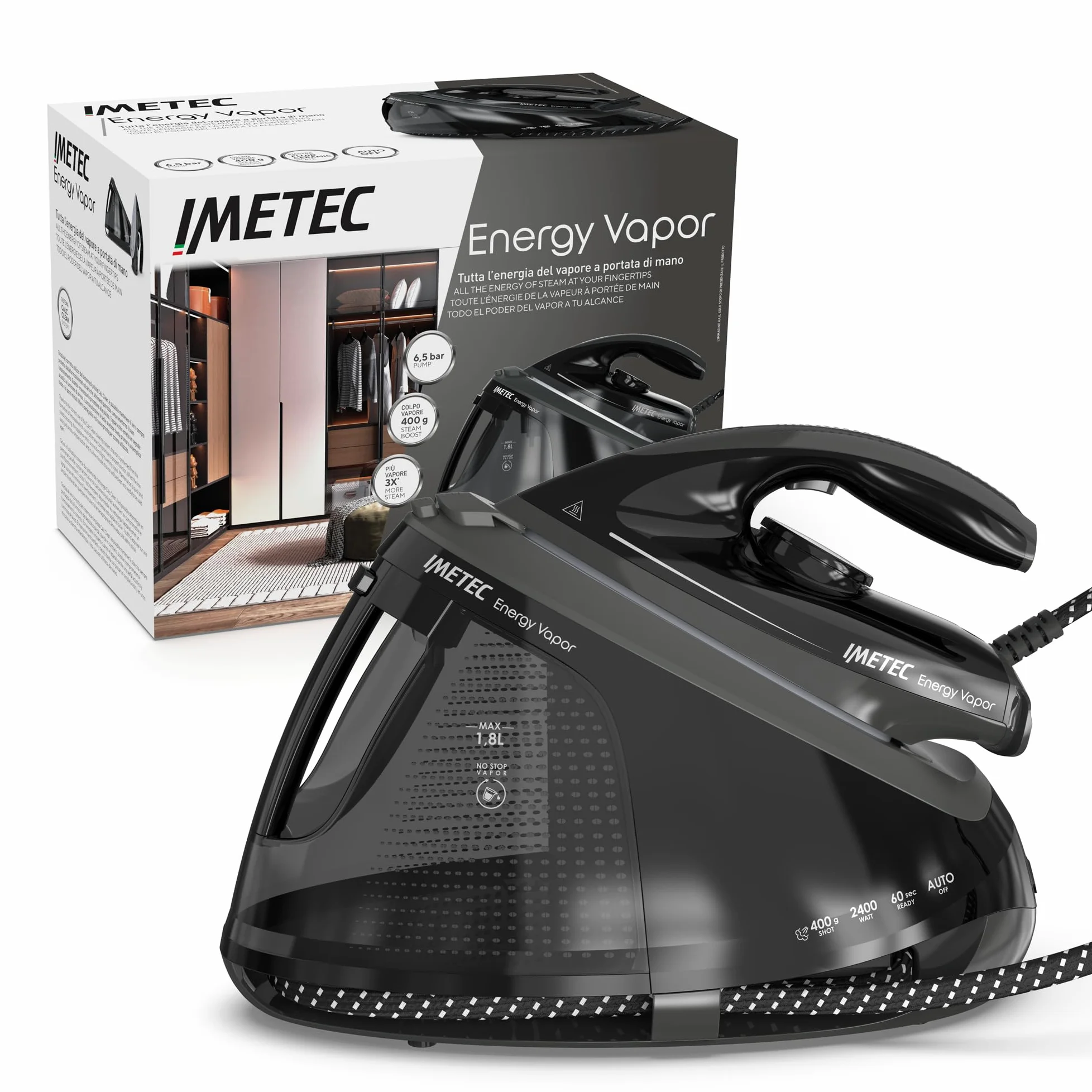 Imetec Energy Vapor, Ferro da Stiro con Generatore di Vapore, 6.5 BAR Pump, Colpo Vapore 400 g, 2400 W, Piastra Fluid Ceramic, Bloccaferro, Autospegnimento, Dispositivo di Pulizia, Tecnologia ECO