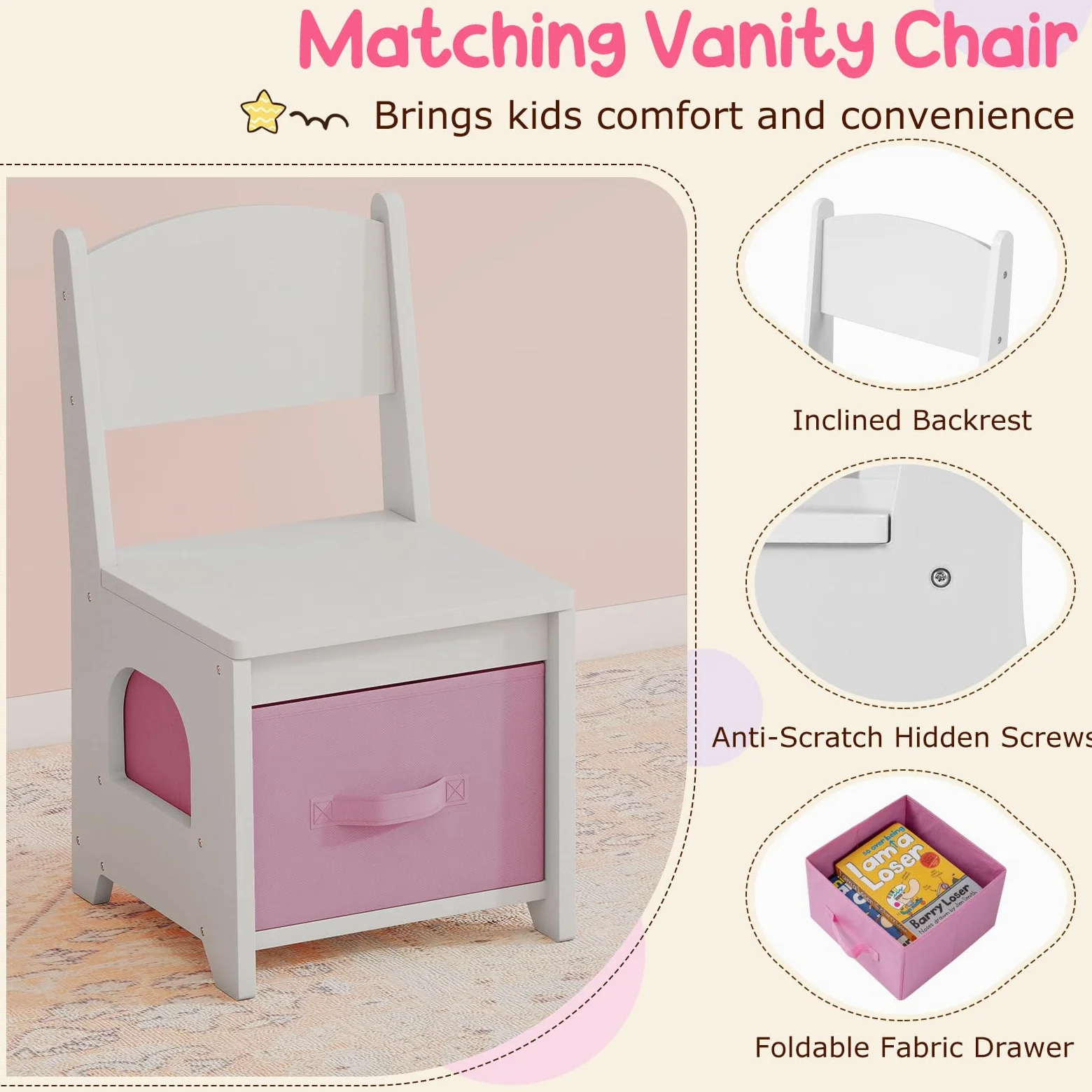 LIFEZEAL Specchiera Trucco per Bambina 3+Anni, con Luci, Sgabello, Sedia, Forma di Nuvole, Toeletta Tavolo, Postazione Makeup, con 3 Cassetti, Ripiani Aperti, Ganci, Accessori, Cameretta (bianco)