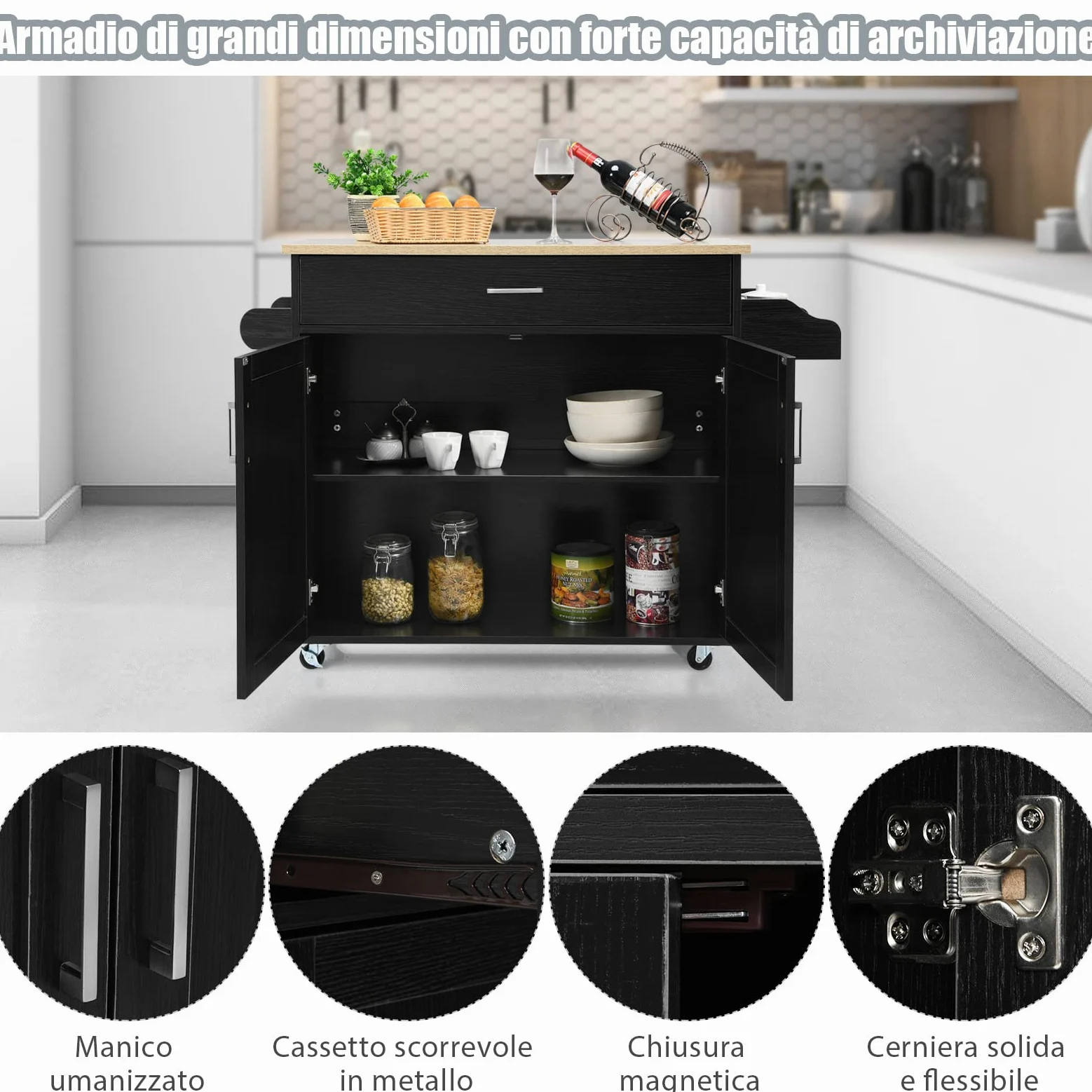 COSTWAY Carrello da Cucina con Ruote di Gomma, Scaffale per Microonde Carrello Servizio, Mobile Cucina con Ripiani e Ante, Credenza Cucina Legno Moderno Elegante, 116 x 37 x 85 cm (Nero)