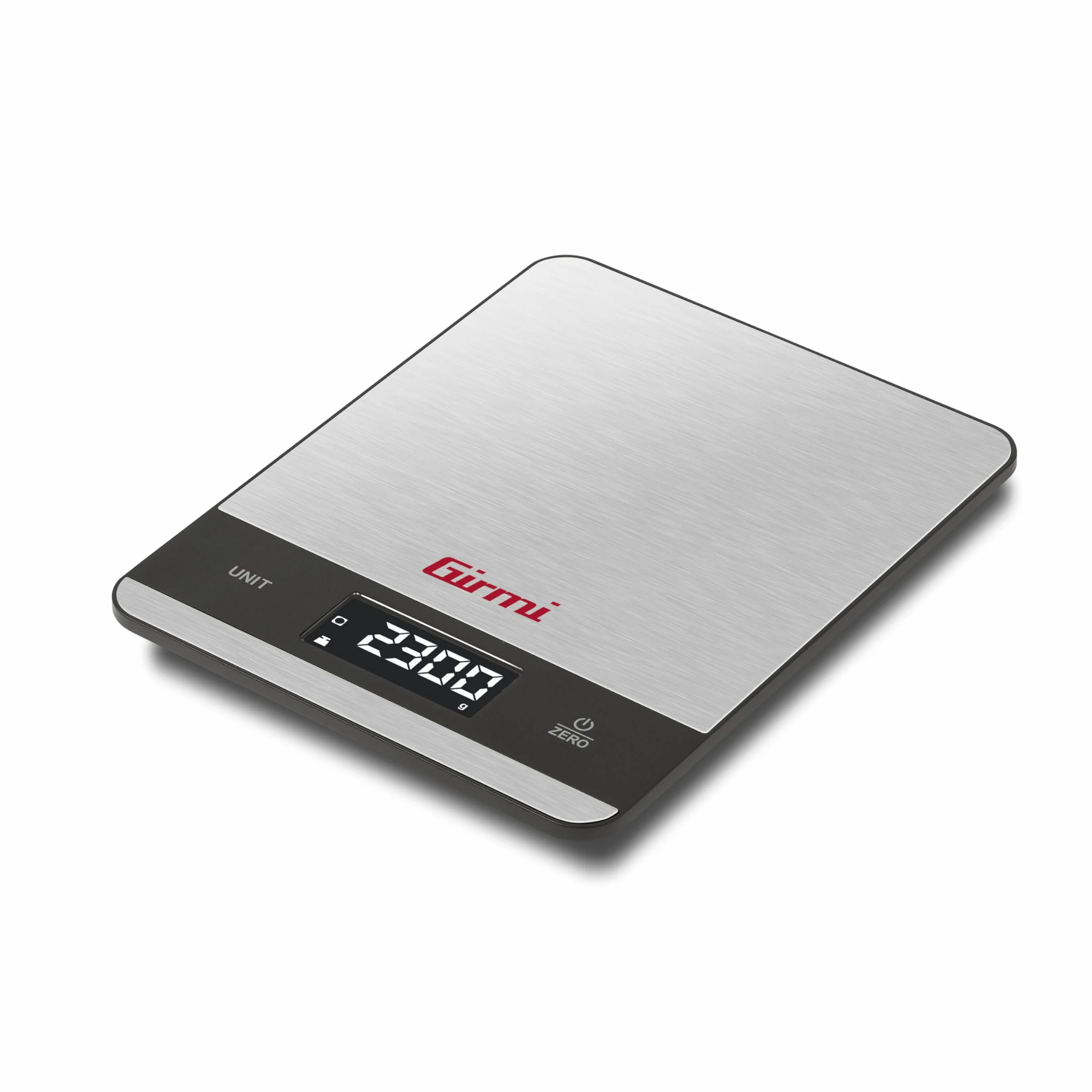 Girmi PS05 Bilancia da cucina Elettronica, 1 gr/5Kg, Piatto Inox, Display ad alta luminosità, Autospegnimento, Funzione TARA, Indicatori di errore, Display 50 x 22, Appendibile, Grigio