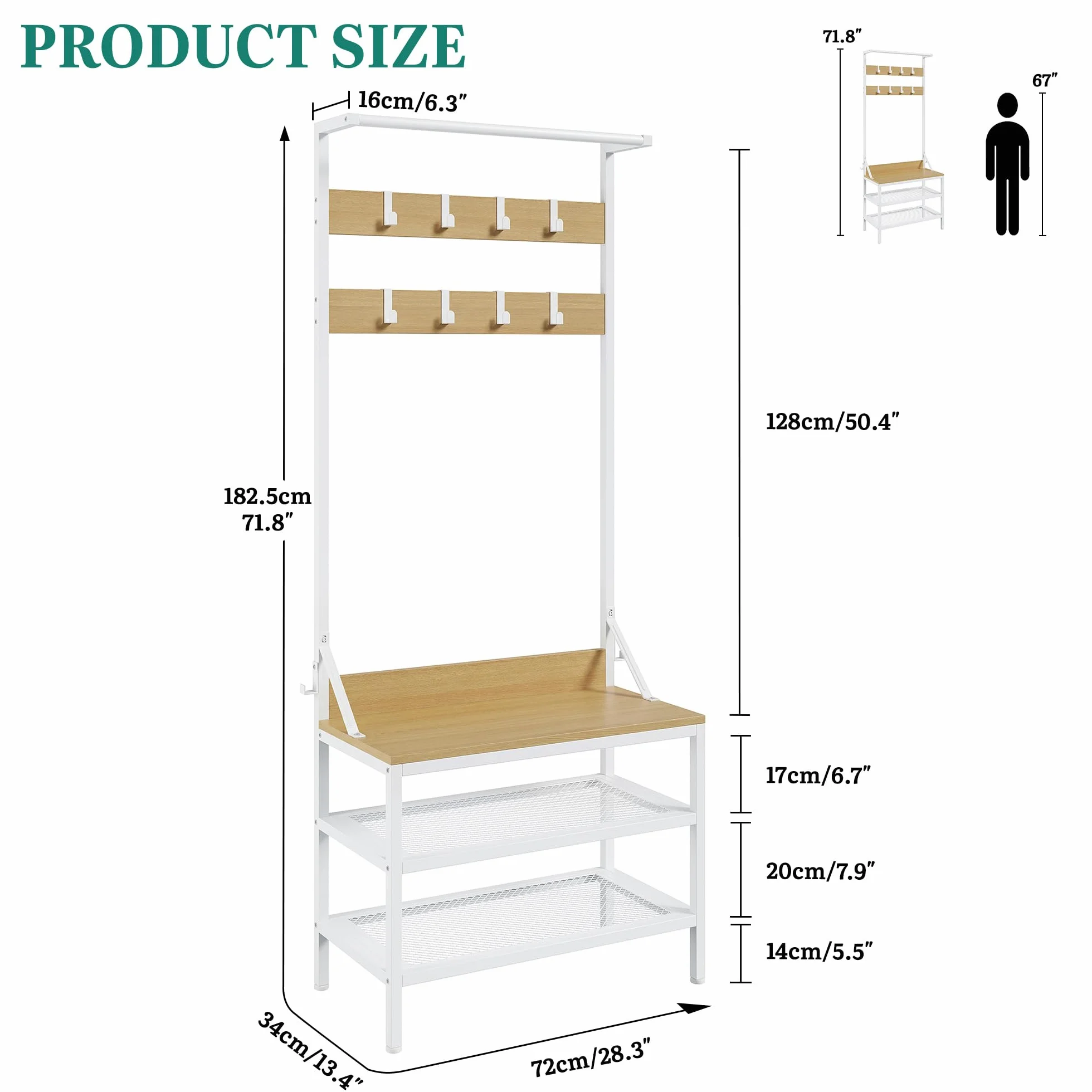 YITAHOME Appendiabiti a 2 ripiani, con porta scarpe, stand appendiabiti, industriale, con 9 ganci per corridoio, soggiorno, camera da letto, telaio in metallo