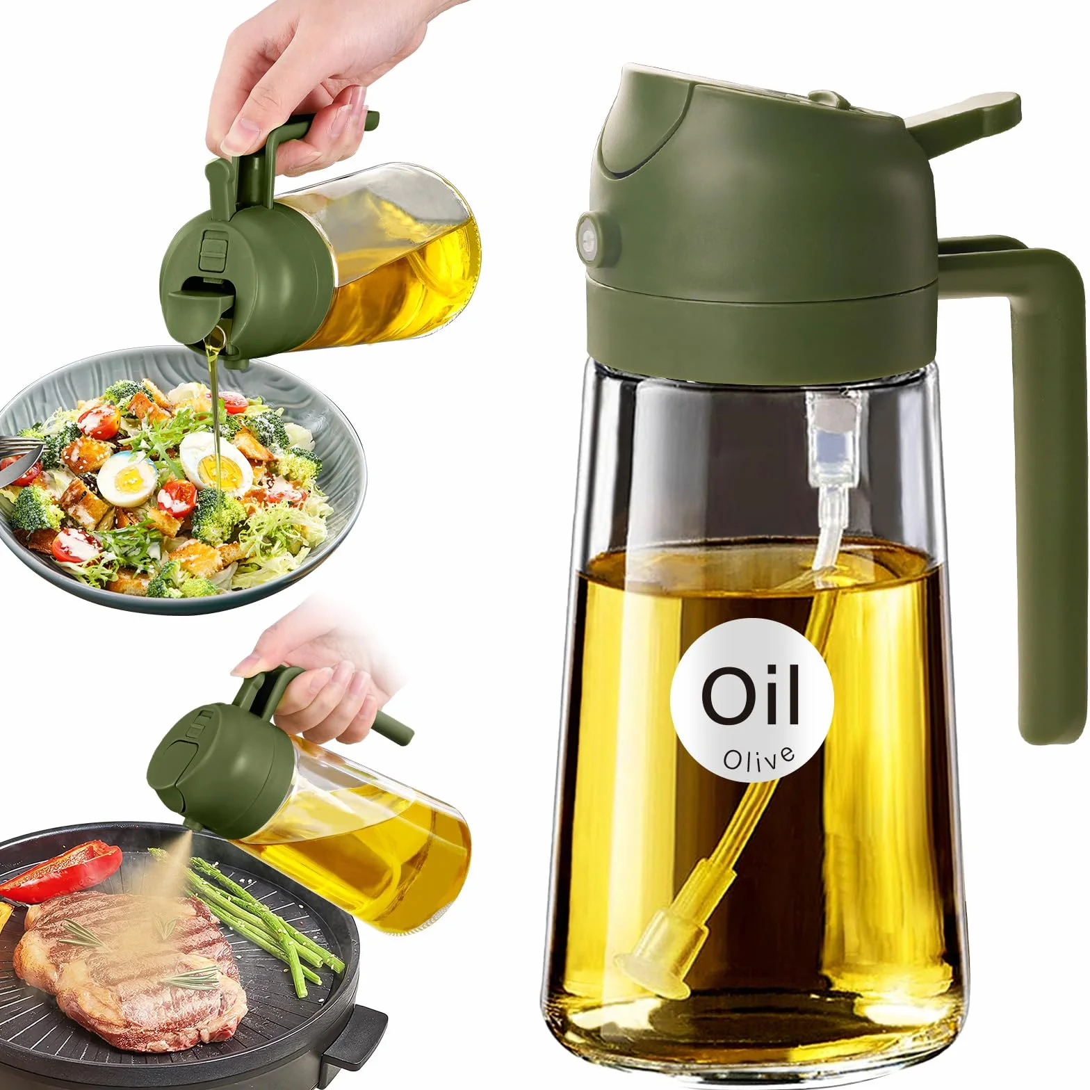 YARRAMATE, Spruzzatore per olio da 470 ml per cucinare con adesivi, dispenser di olio d'oliva 2 in 1 di qualità alimentare, per gadget da cucina, insalata, friggere, barbecue, verde oliva