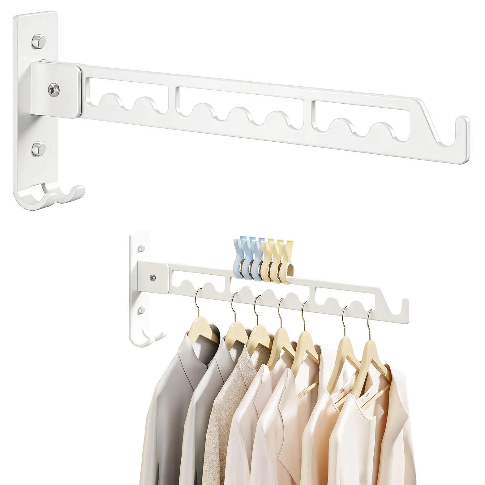 Ganci Appendiabiti, Appendi Abiti per Muro Ganci Appendiabiti da Parete Acciaio Inox Pieghevole Impermeabile Antiruggine Salvaspazio, Stendibiancheria per Lavanderia Camera da Letto Bagno, Bianco