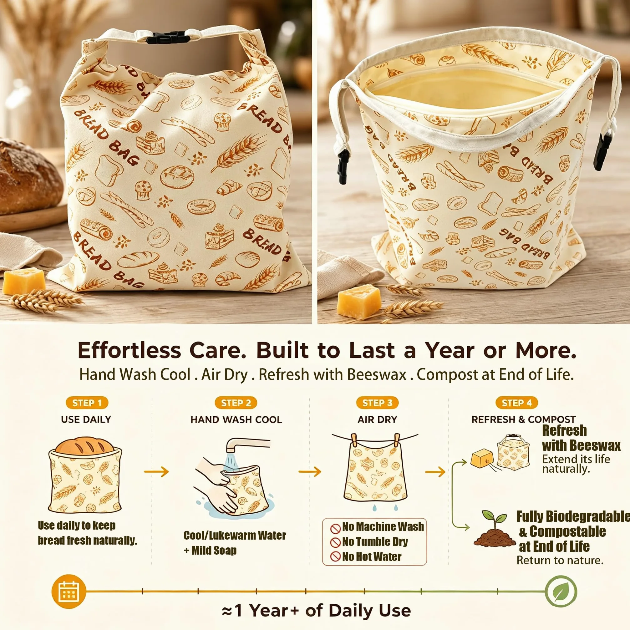 Sacchetti per pane in cera d'api riutilizzabili in cotone biologico per pane fatto in casa, 43 x 33 cm, in cera d'api naturale, ecologici, di grandi dimensioni, con cerniera, per pasta madre