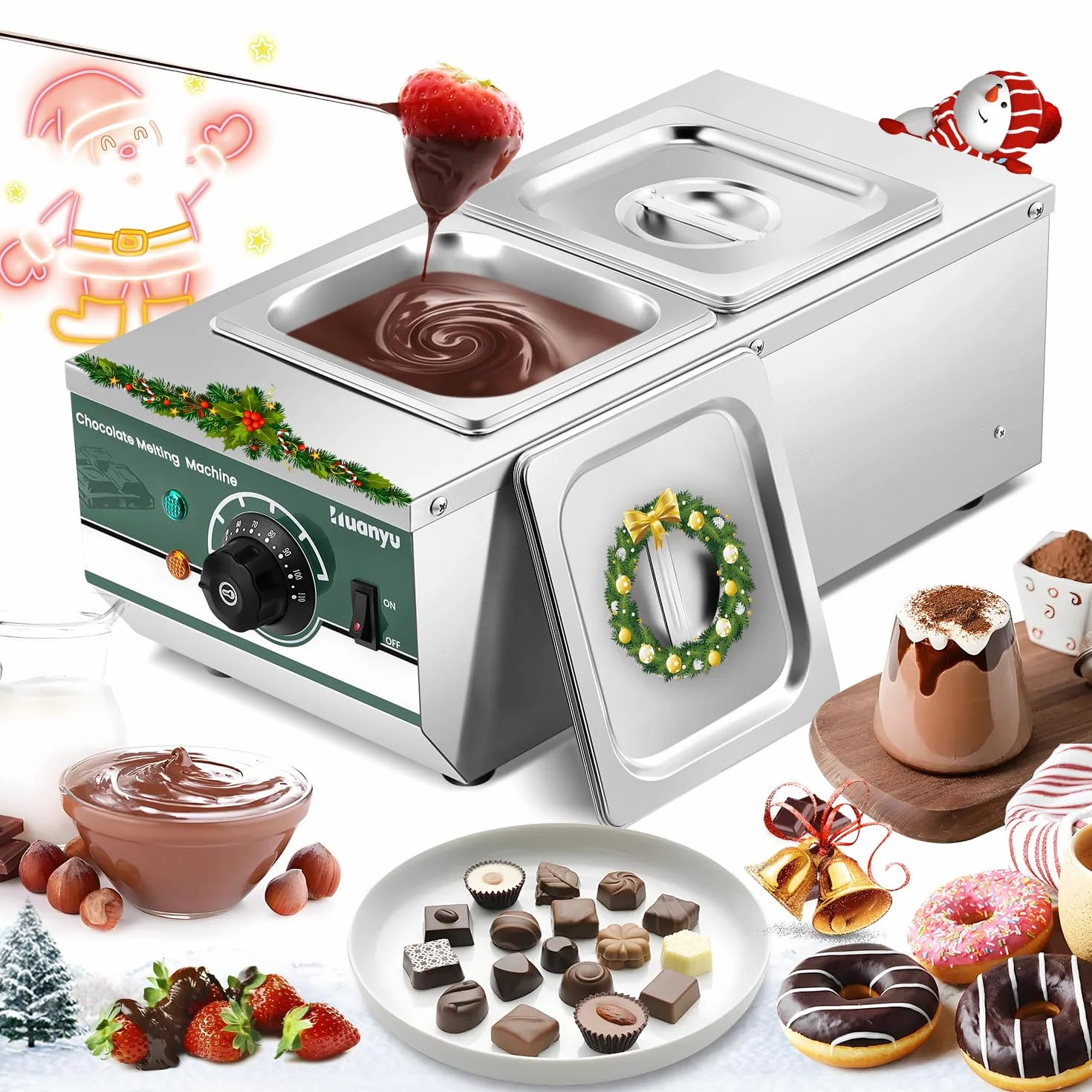 Huanyu cioccolato temperamento macchina con 2 vasche 30 ℃-110 ℃ cioccolato macchina di fusione 800W commerciale cioccolato Melter acqua riscaldamento cioccolato pentola di fusione