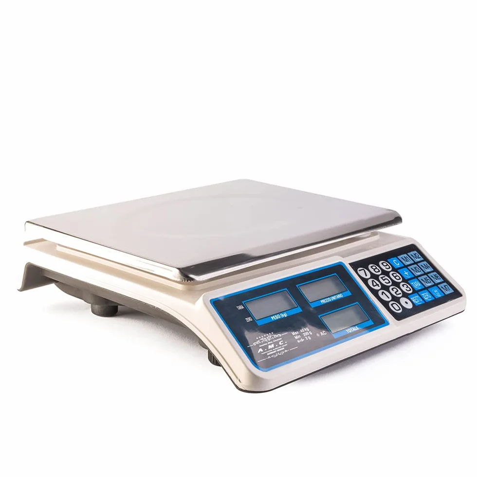 AMC Bilancia elettronica digitale da banco con 7 tasti di memoria, acciaio inox, 6 lcd, totale e peso portata max 40 kg divisione 2g