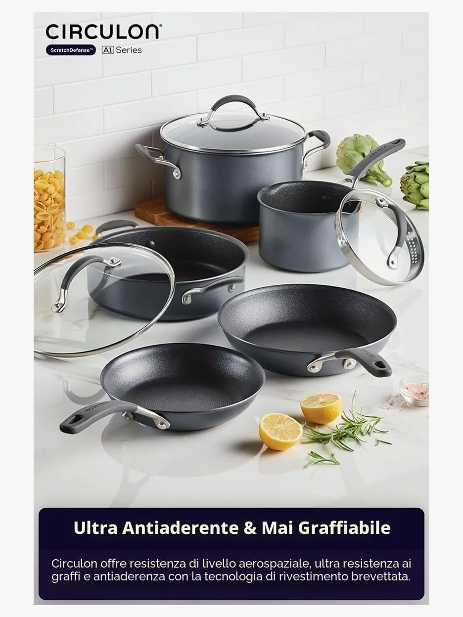 Circulon Set di 5 padelle antiaderenti per piano cottura a induzione antigraffio con estrema antiaderenza, lavabili in lavastoviglie e utilizzabili in forno, finitura in peltro grafite