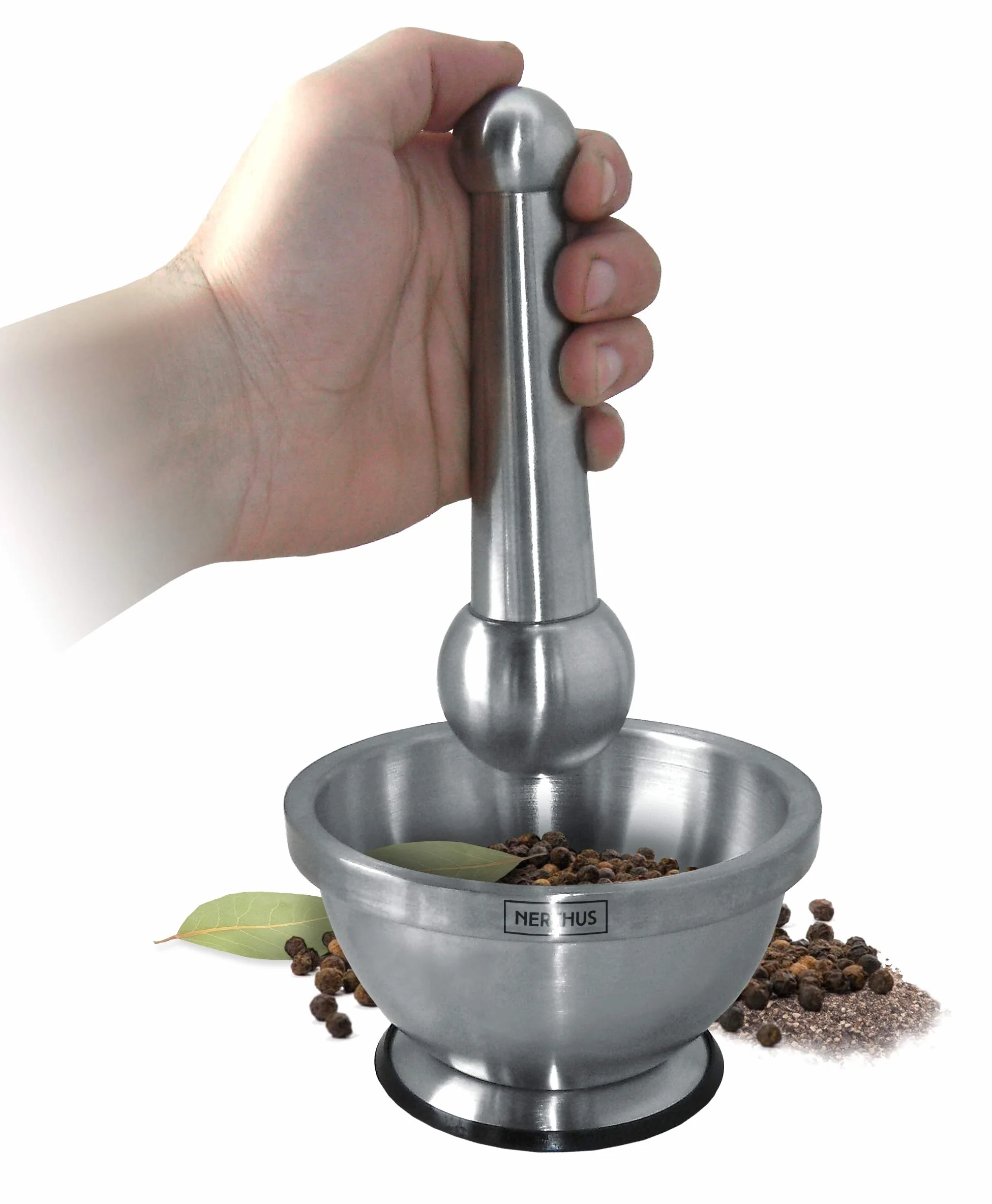 Nerthus FIH 020 mortaio acciaio inox con pestello base antiscivolo per spezie salse cucina