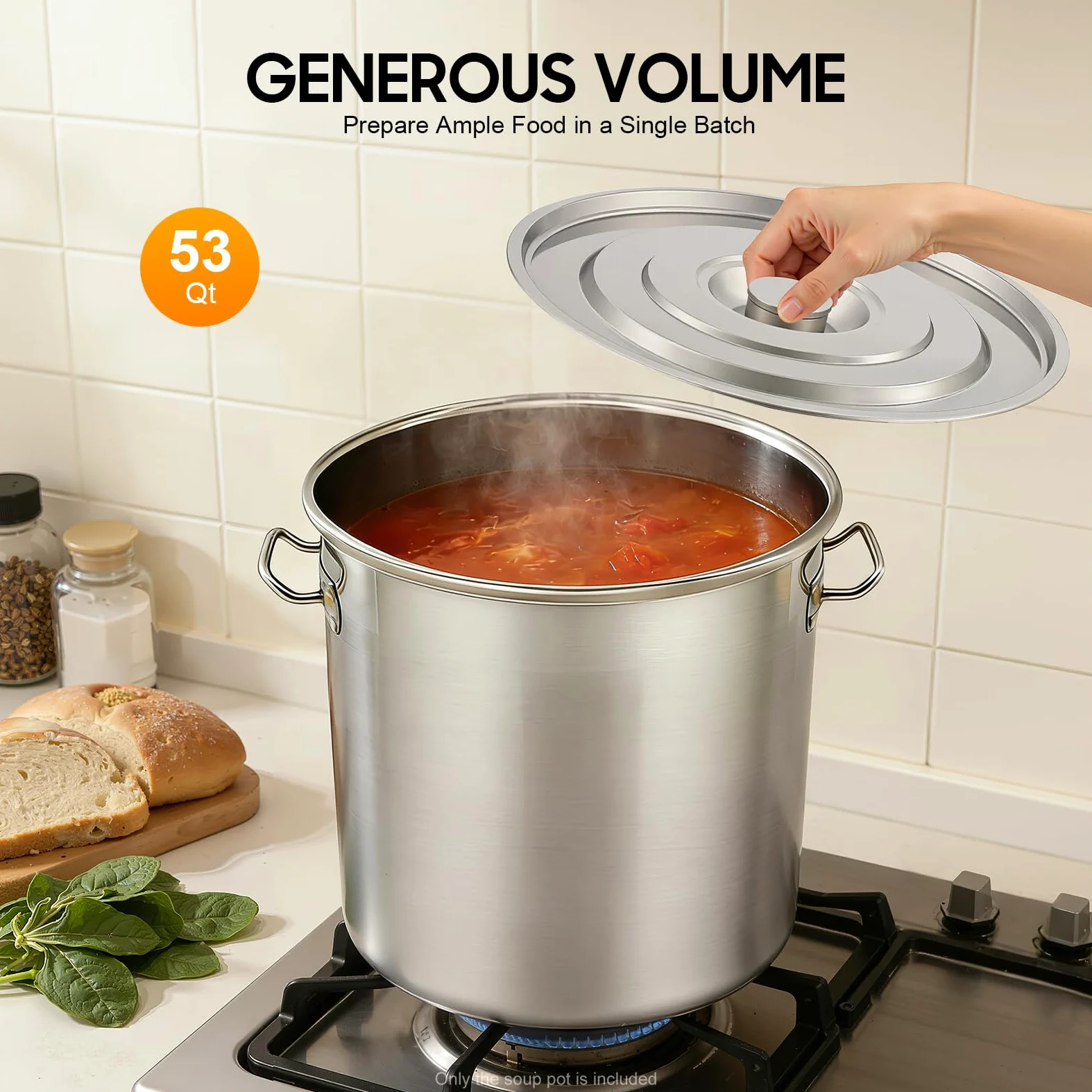 Pentola per gastronomia da 50 litri, con coperchio in acciaio inox, pentola a induzione grande con manici, per fornelli a gas, elettrici, a induzione (50 l)