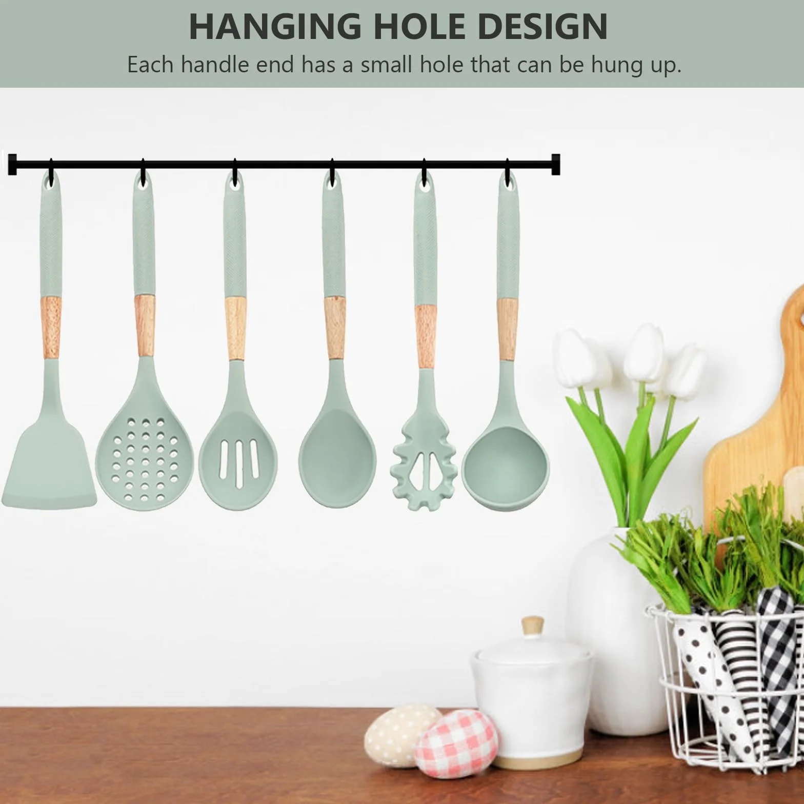 AVEKI Set di utensili da cucina in silicone 7 pezzi con supporto girevole resistenti al calore verde