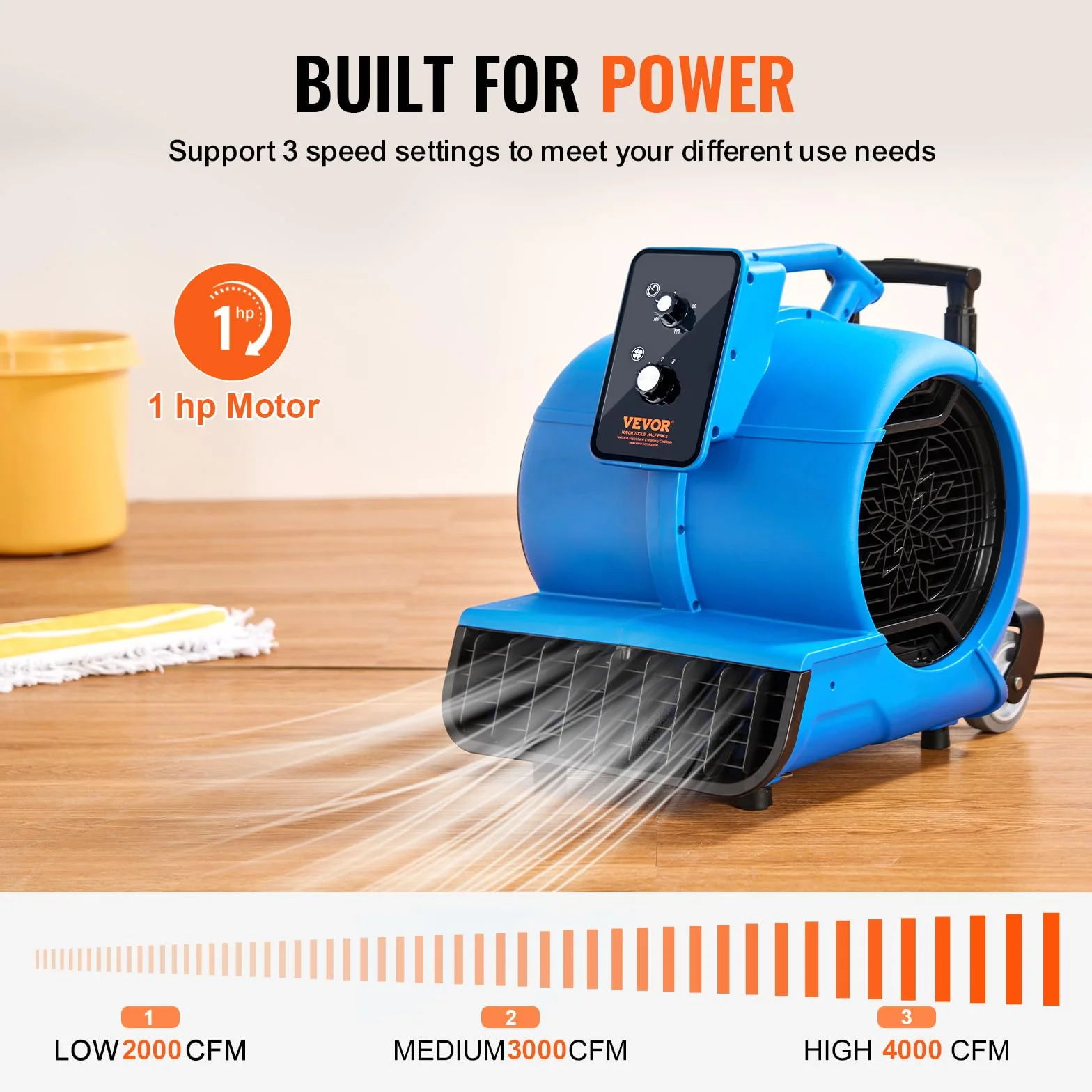 VEVOR Soffiatore da Pavimento 1400 Giri/min Ventilatore per Asciugatura Tappeti Portatile 113,26 m³/min con 3 Angoli di Soffio Temporizzatore 3 Impostazioni di Velocità per Domestico e Commerciale
