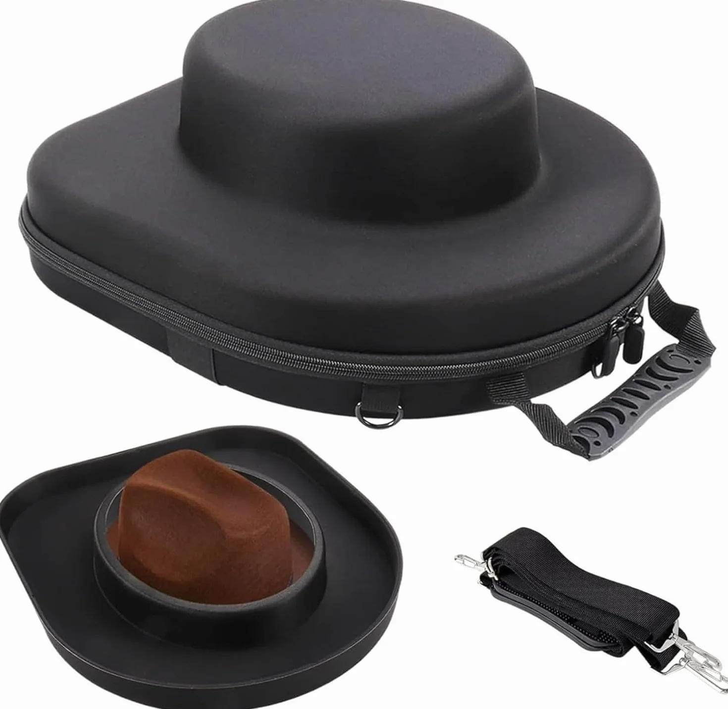 Scatola per cappelli da viaggio a prova di schiacciamento, organizer rigido per Panama, Fedora e berretti da baseball con manico, tracolla e cinghia per bagagli per una facile conservazione e utilizzo