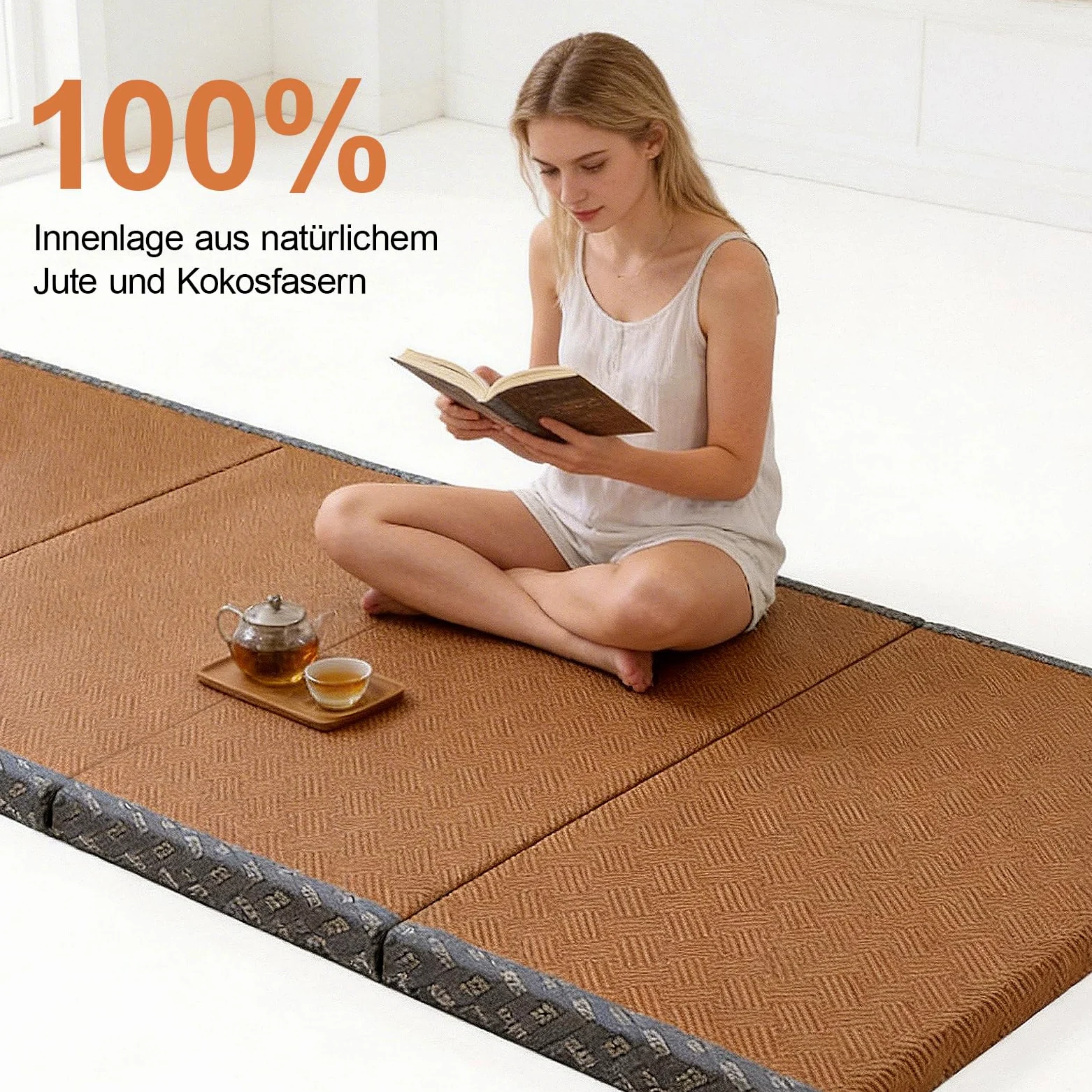 Tappetino Tatami Tradizionale Giapponese Pieghevole in Fibra di Cocco, Futon Giapponese Portatile e Antiscivolo per Dormire, Meditazione, Yoga Zen, 80x200x3.5cm