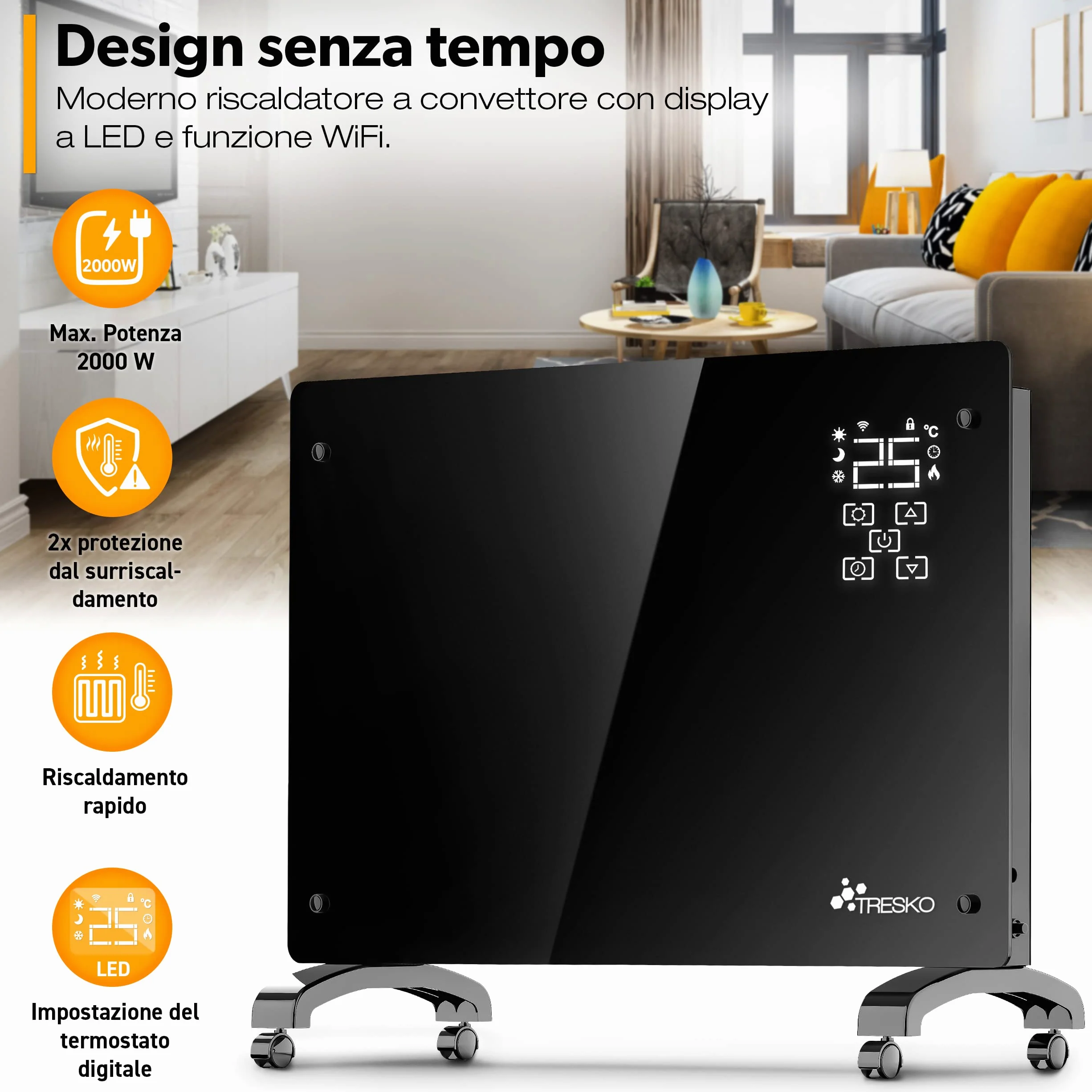 TRESKO Stufa Elettrica Basso Consumo 2000W - Wifi & APP | Stufa Elettrica basso consumo | Termoconvettore con Rotelle | Termosifone Elettrico Portatile | Termoconvettore a Parete con Termostato