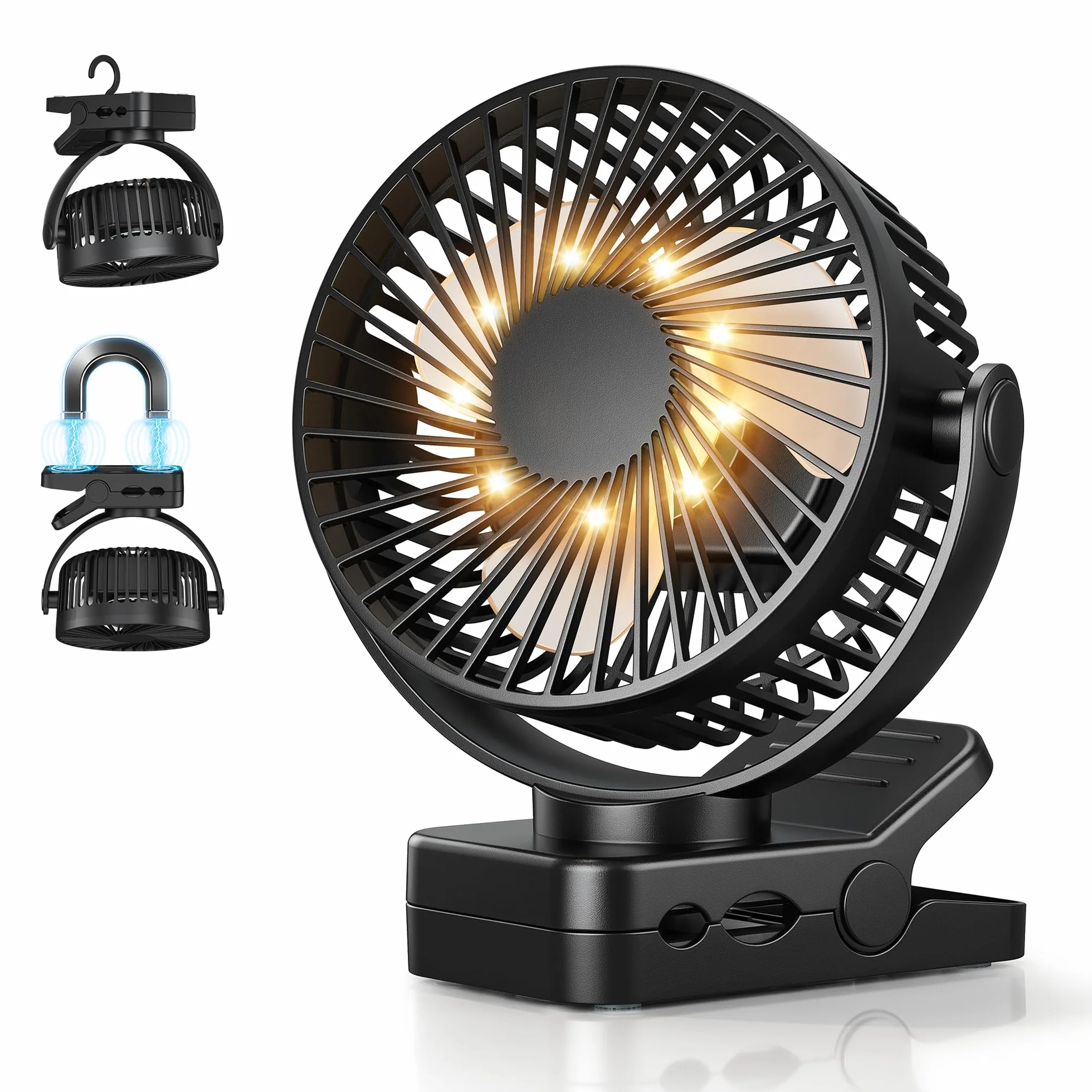 Ventilatore da Tavolo 4 in 1 USB Ventilatore Portatile 12000mAh e Telecomando Ricaricabile Luce LED 3 Velocità Timer Rotazione 360°, Ventilatore Pinza per Esterno Auto Passeggino Campeggio, Nero