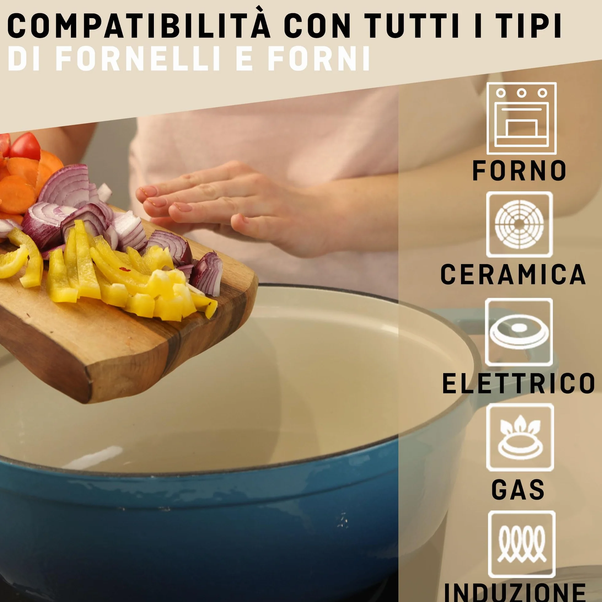 Casseruola in ghisa smaltata VeoHome Blu 6L Ovale, Robusta, Compatibile con Induzione / Gas / Forno, Cottura Omologa, Sapori Autentici, Coperchio in Rilievo