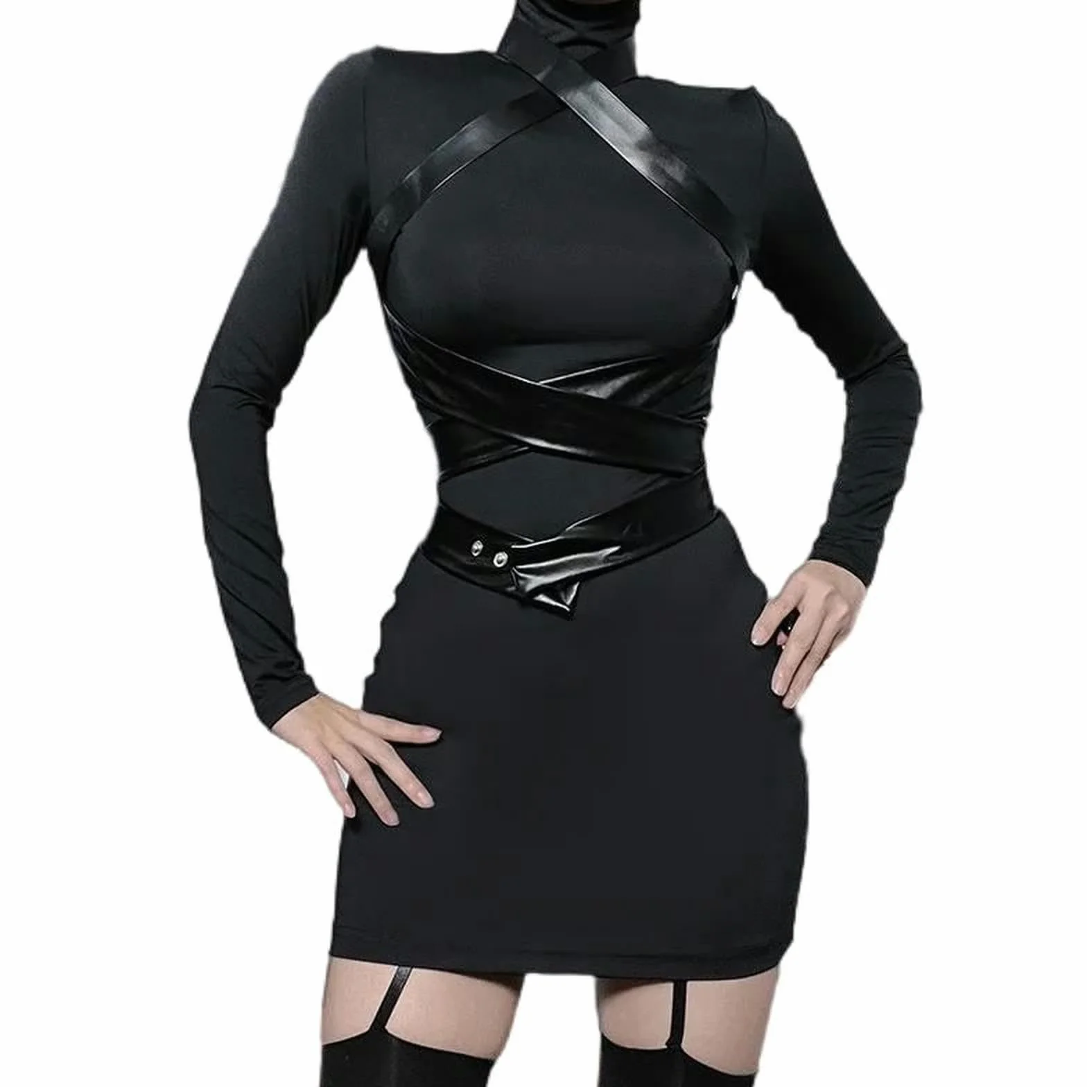 Harajuku Y2k Abito Aderente Donna Dark Gothic Streetwear Similpelle Fasciatura Vita Alta Corsetto Nero