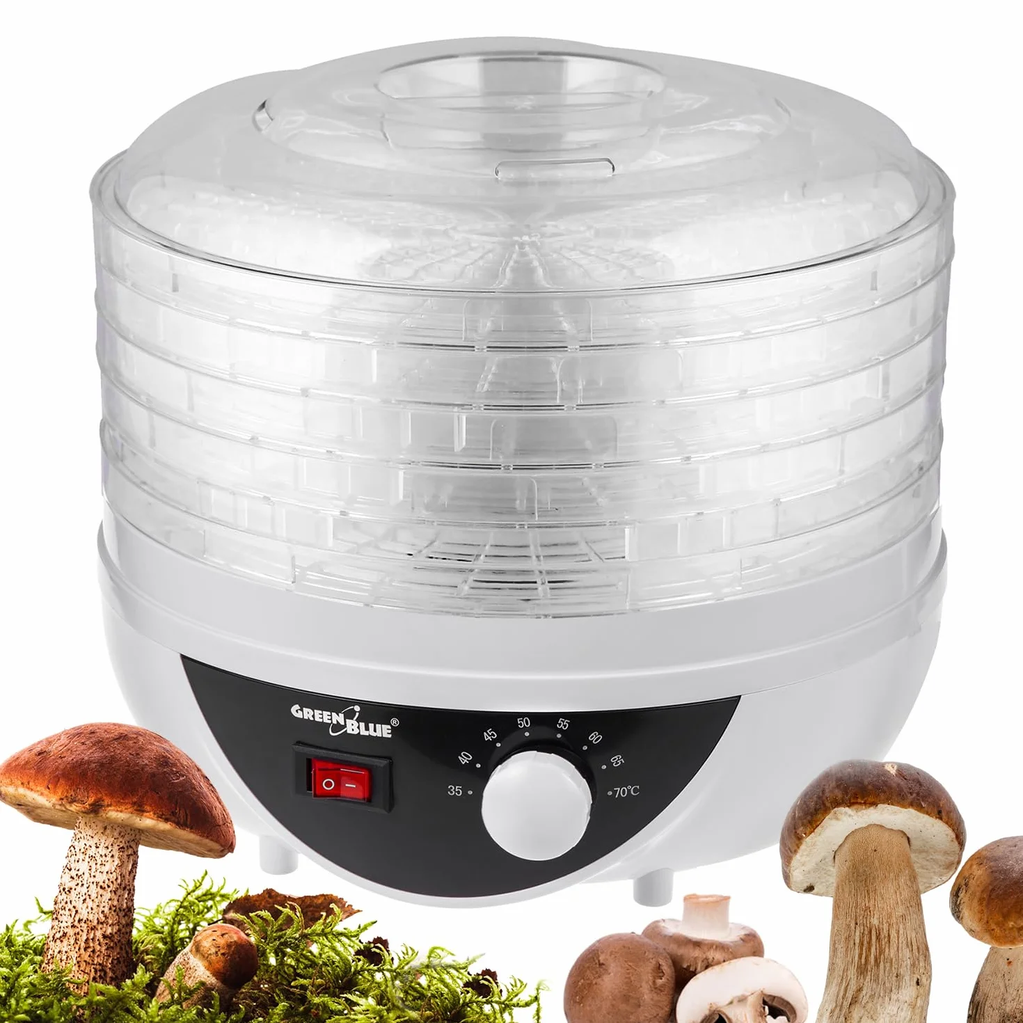 Green Blue GB195 Essiccatore alimentare per funghi, verdure e frutta, erbe 250W, extra silenzioso, 5 setacci Diametro 27 cm Temp regolabile
