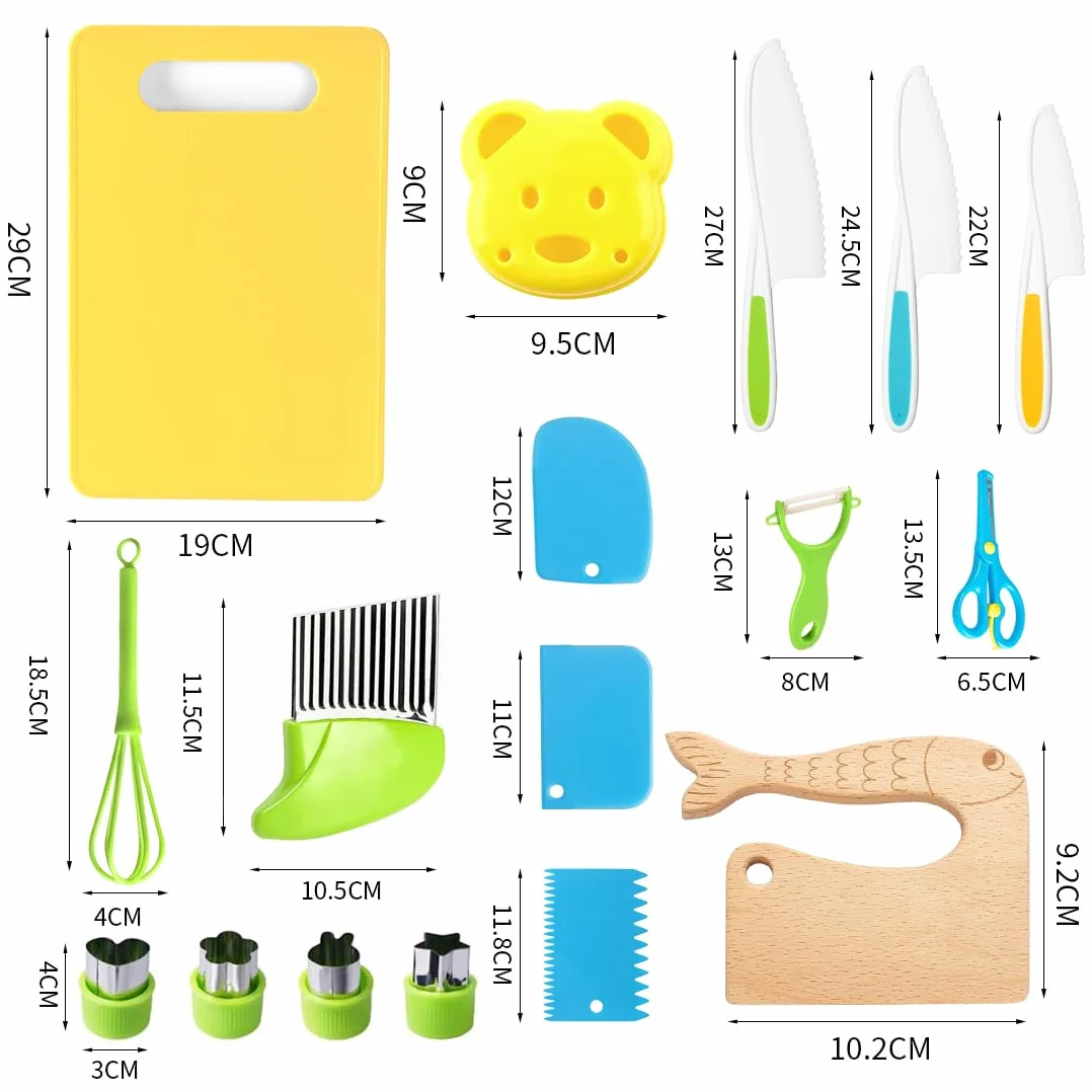 Montessori - Set di 17 utensili da cucina per bambini, coltello, tagliere e sbucciapelle per frutta, pane e verdure