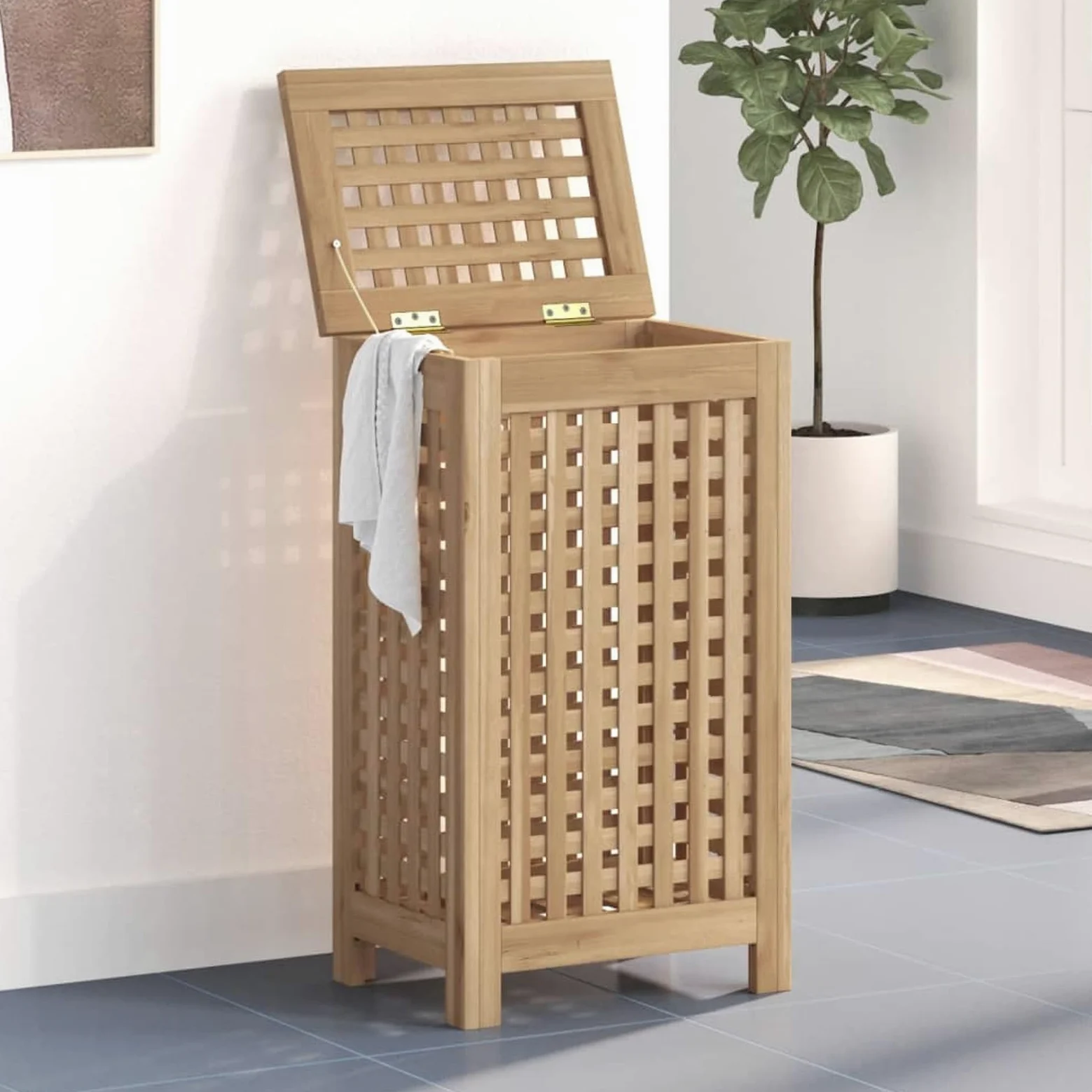 Cesto portabiancheria in legno di teak, design ventilato in teak massiccio, con borse rimovibili e ripiano per organizzare la biancheria e gli oggetti essenziali per la casa