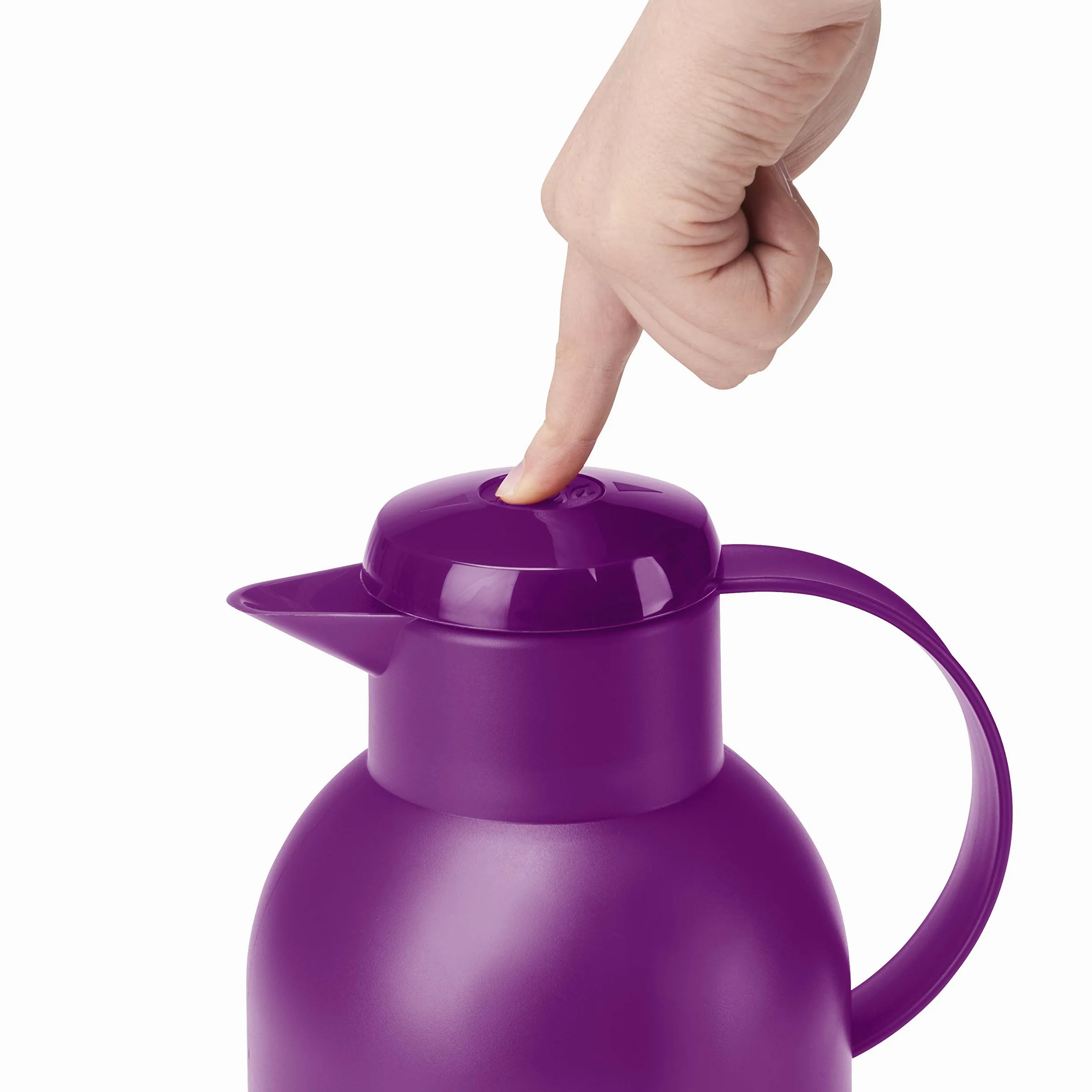 Emsa N40118 - Caraffa termica Samba, 1,5 litri, chiusura Quick Press, 12 ore, calda e fredda per 24 ore, traslucida/melanzana